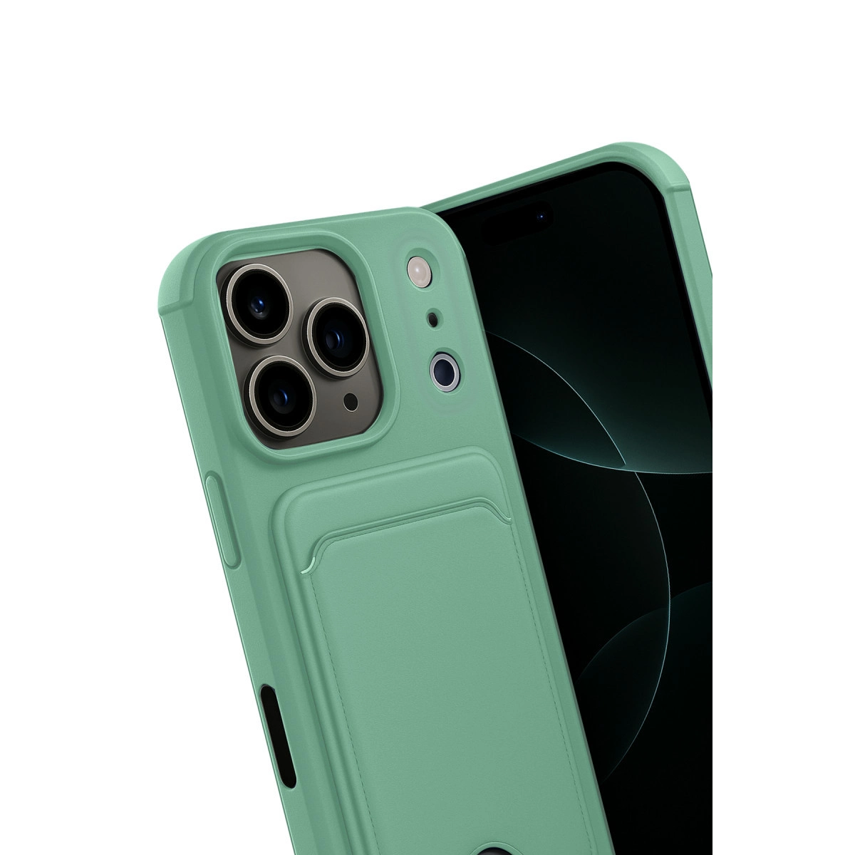 Koyu renkli bir akıllı telefonun önünde kart bölmeli yeşil telefon kılıfı.