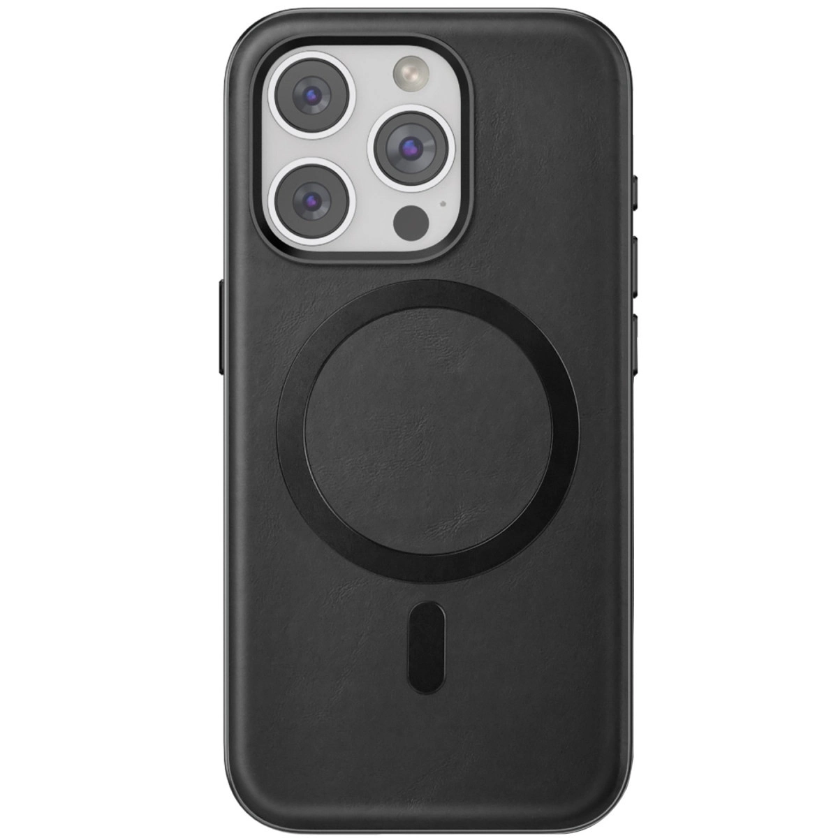 Üç kamera lensli ve dairesel mıknatıslı halkalı siyah telefon kılıfı.