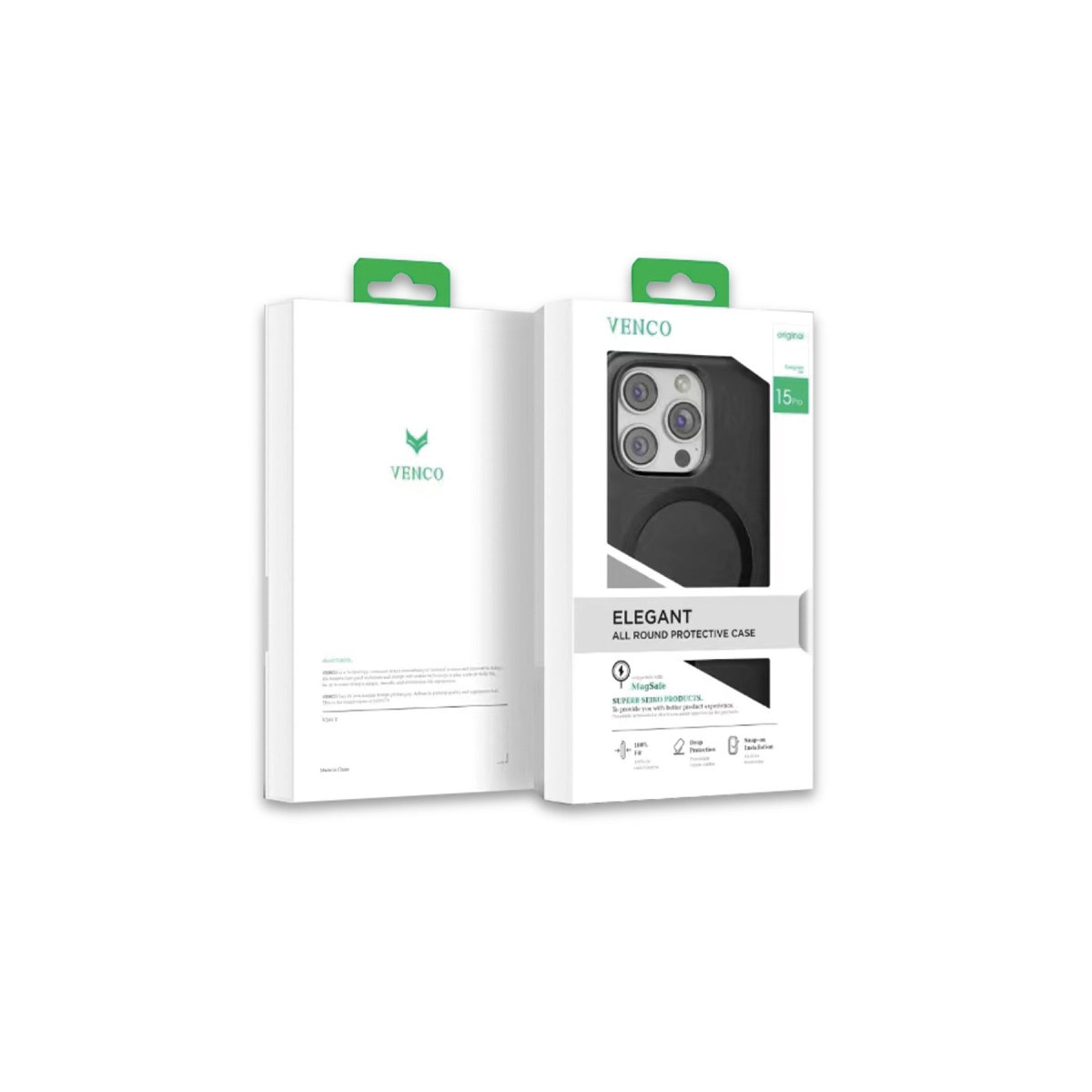 Ambalajdaki VENCO telefon kılıfı, telefonun arkasını gösteriyor.