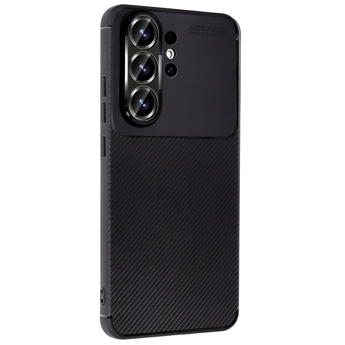 Karbon dokulu, üç lensli siyah telefon kılıfı.