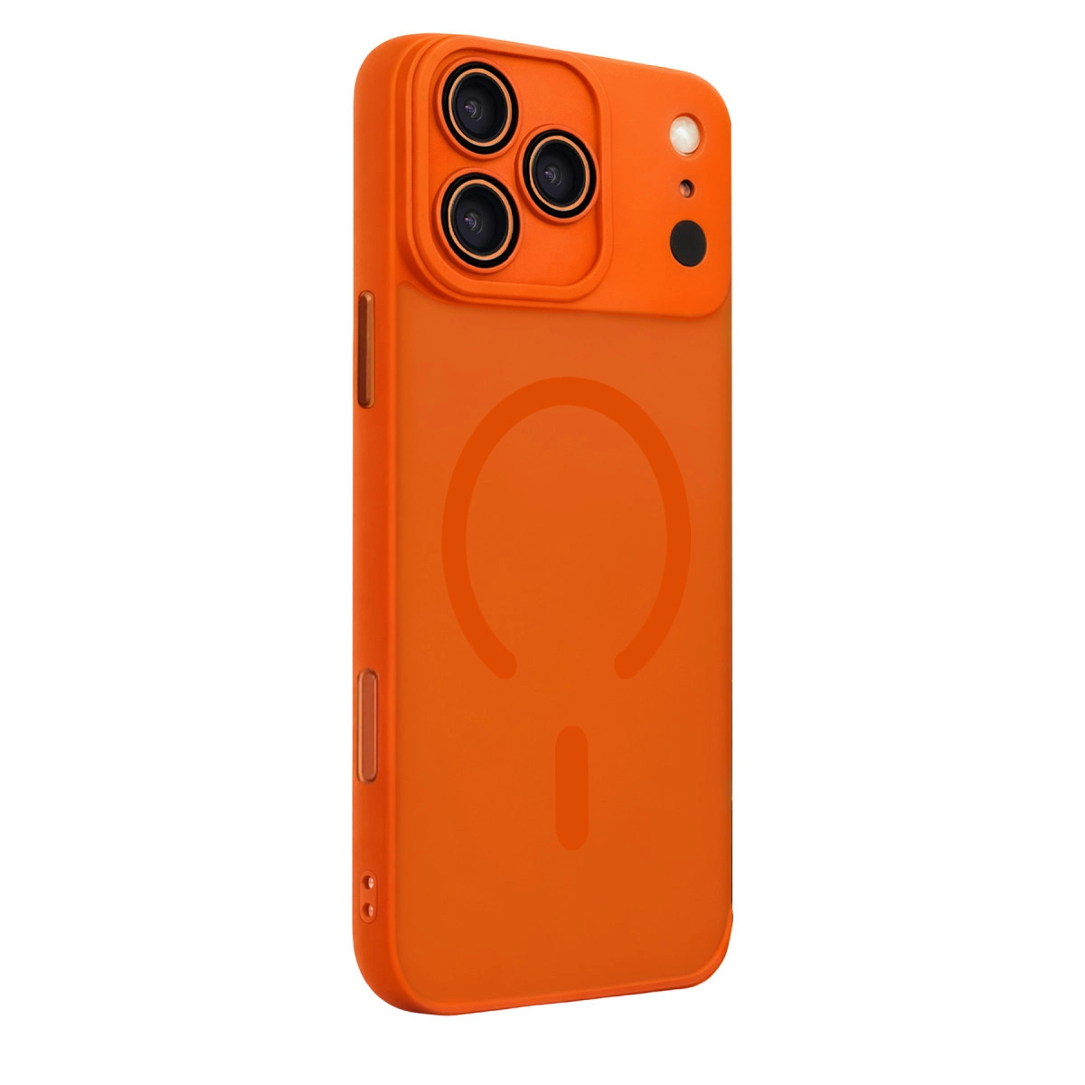 Üç kamera lensli ve manyetik halkalı turuncu telefon kılıfı.