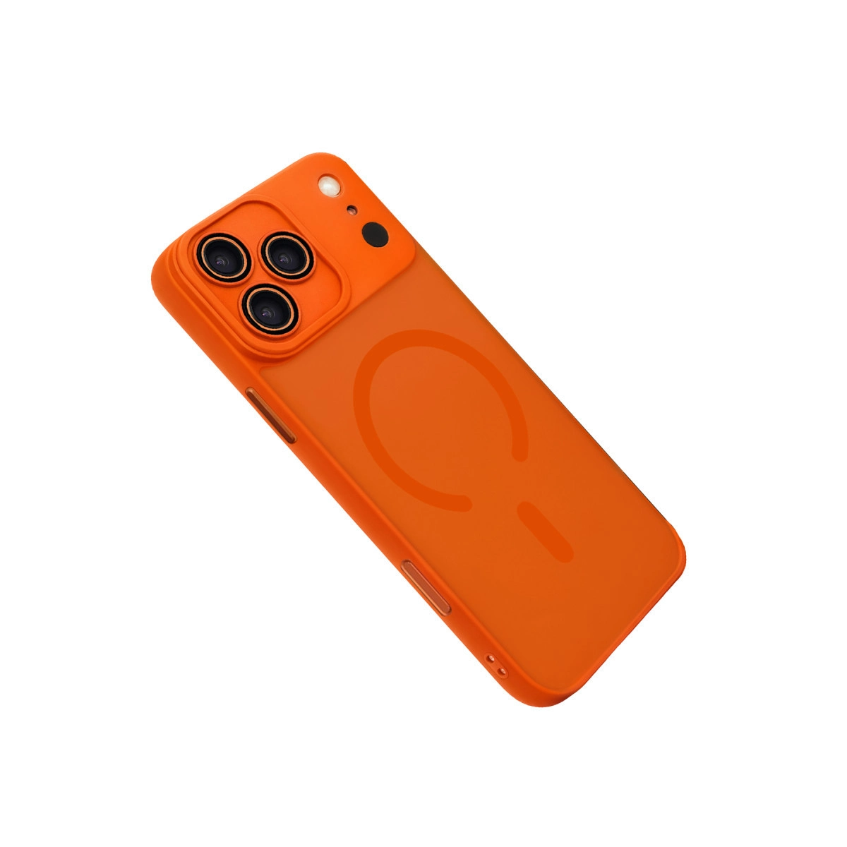 Üçlü kamera ve arkada manyetik halka bulunan turuncu telefon kılıfı.