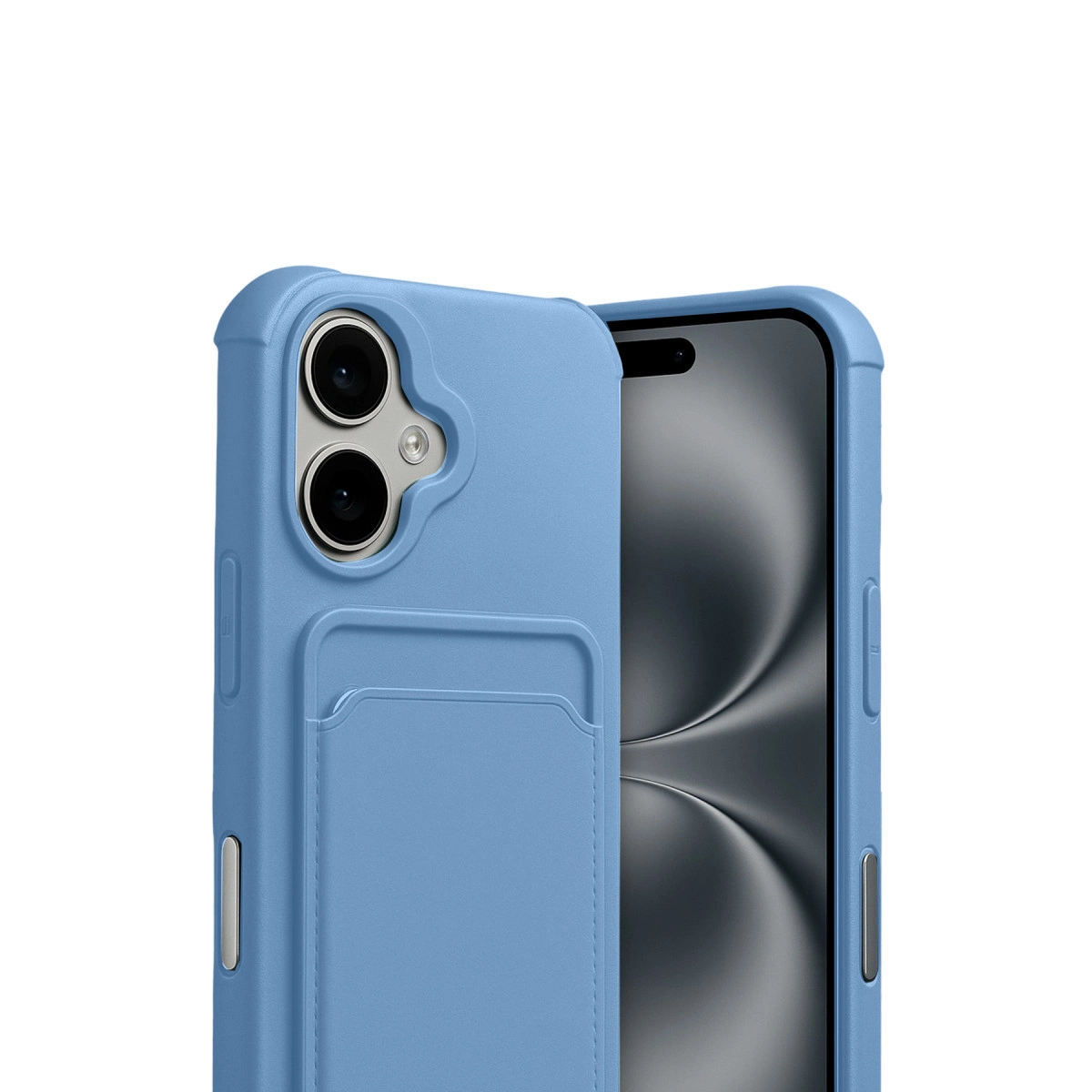 Kart yuvalı ve iki kamera lensli mavi telefon kılıfı, beyaz zeminde.