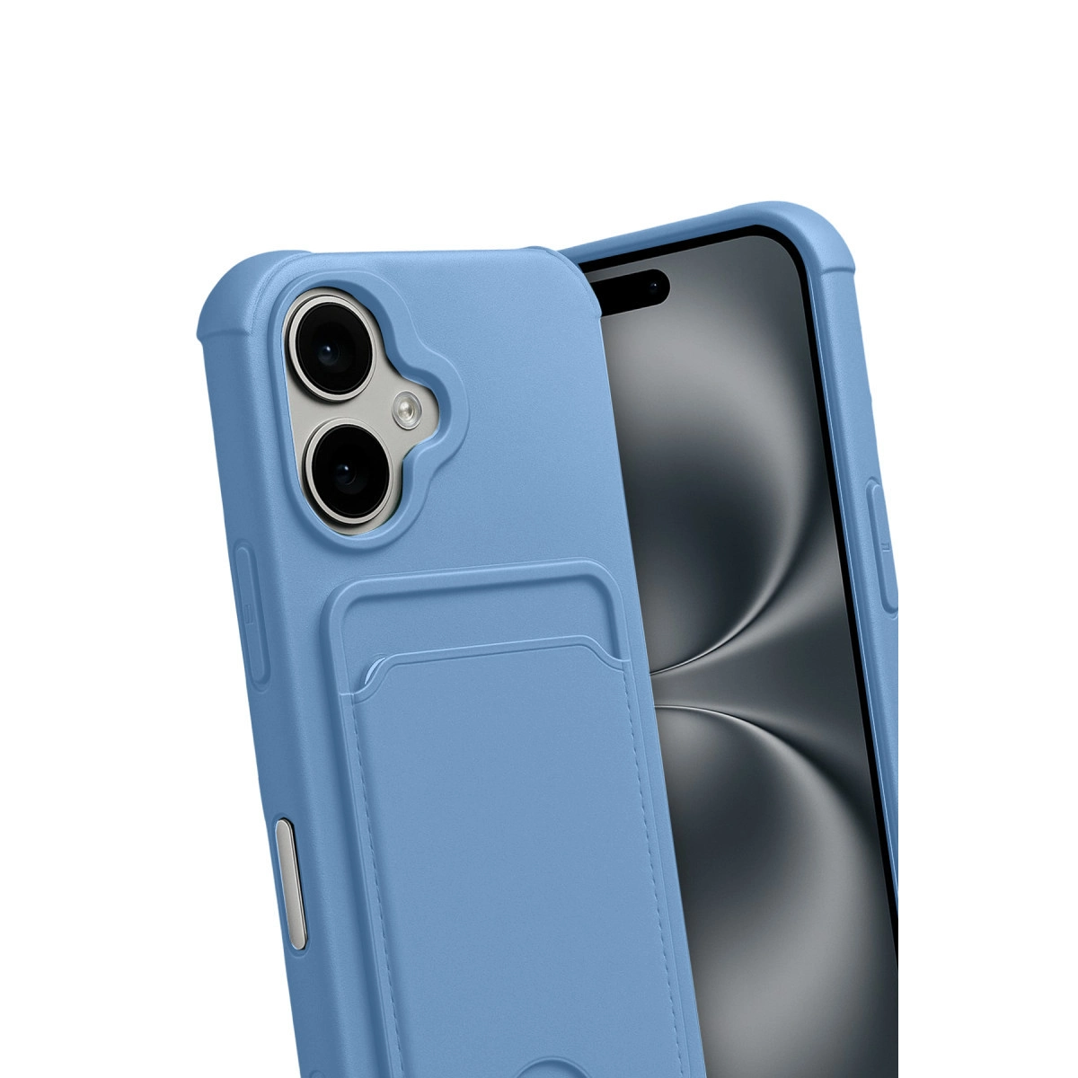 Kart yuvalı ve iki kameralı mavi telefon kılıfı beyaz arka planda.