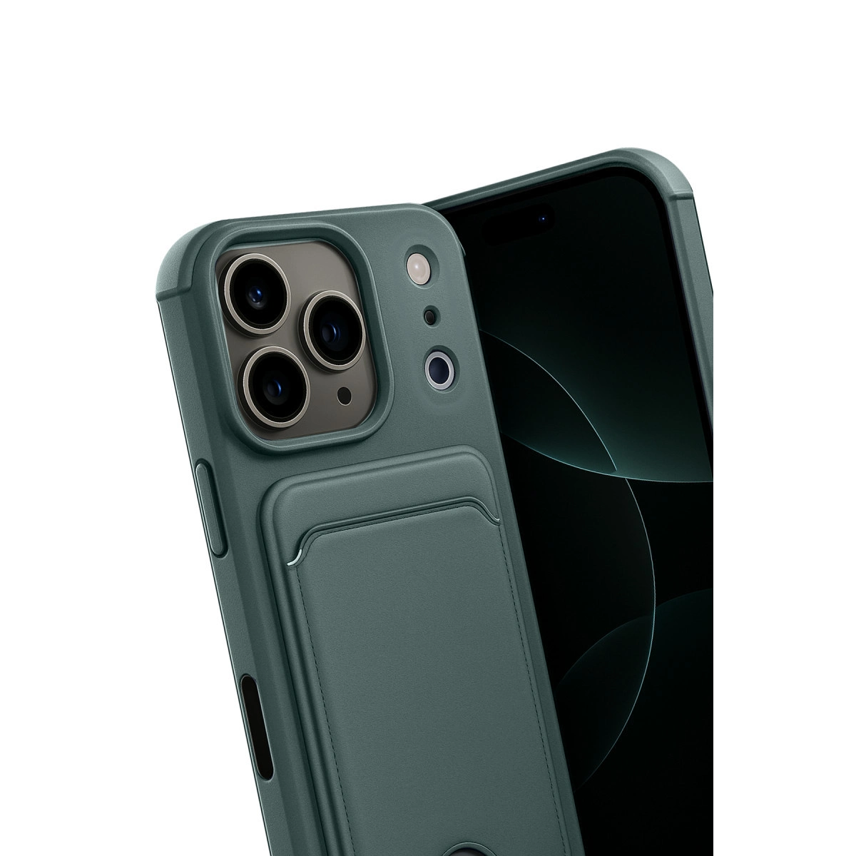 Üç kameralı ve kartlıklı yeşil telefon kılıfı, karanlık ekrana karşı.