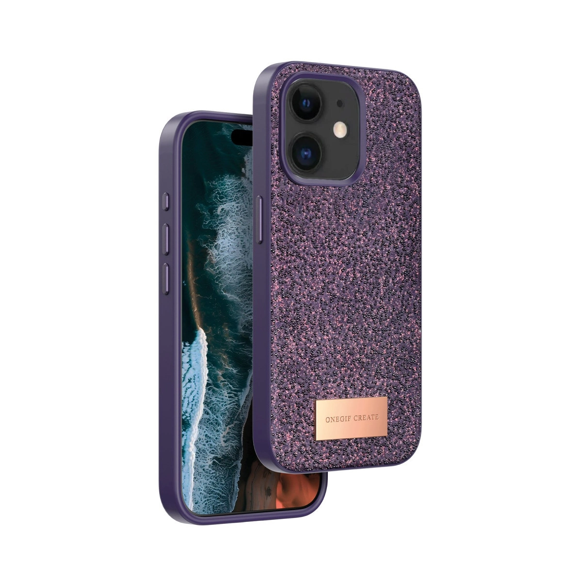 Arkada kamera ve logo bulunan parlak mor iPhone.