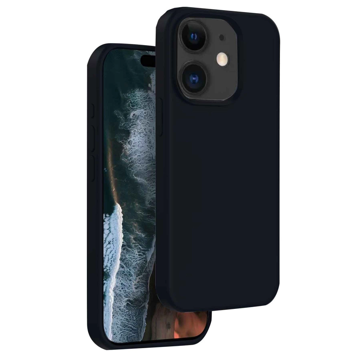 Kamera modüllü lacivert telefon ve dalgalı duvar kağıdı.