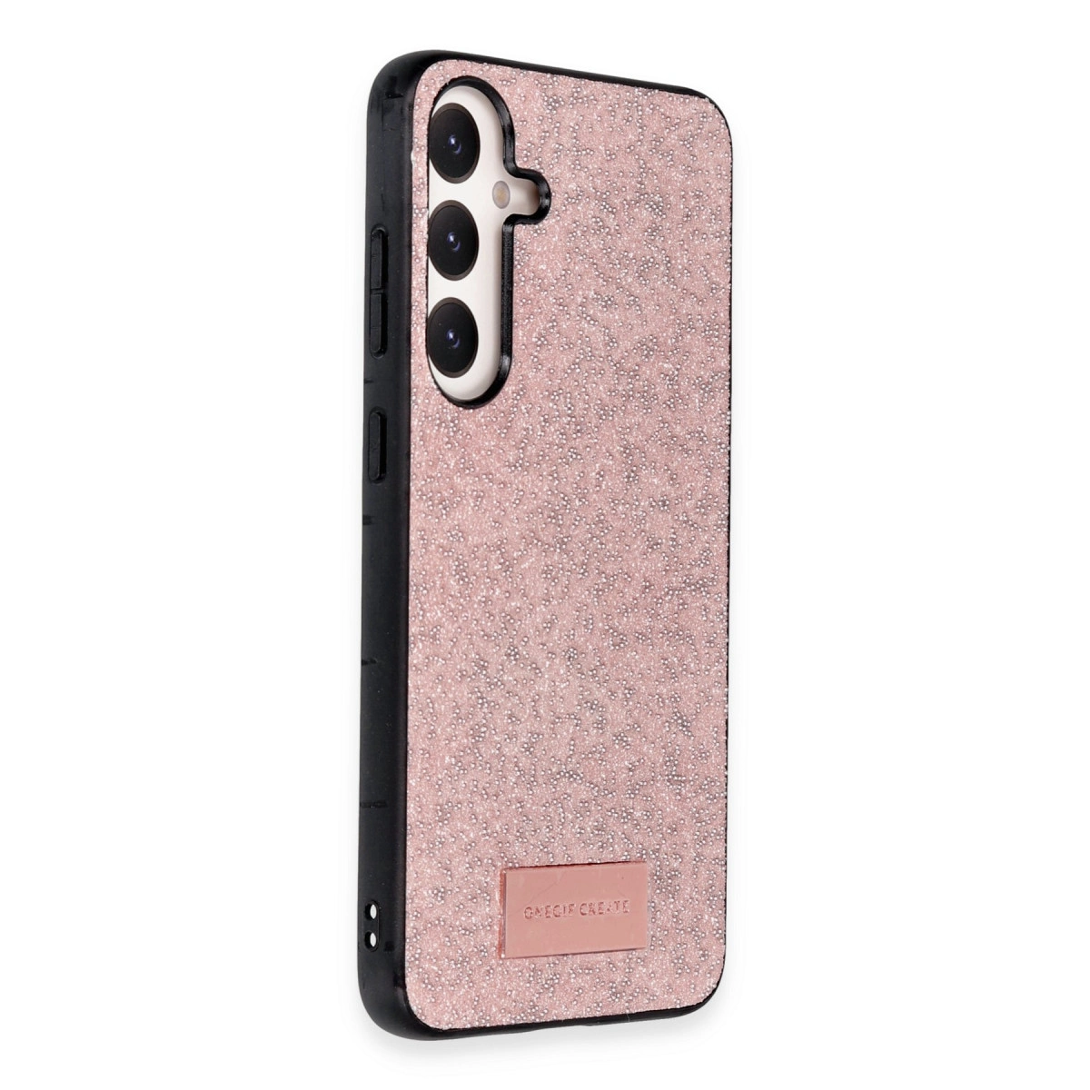 Metal logolu, üçlü kamera kesimli, rose altın simli telefon kılıfı.