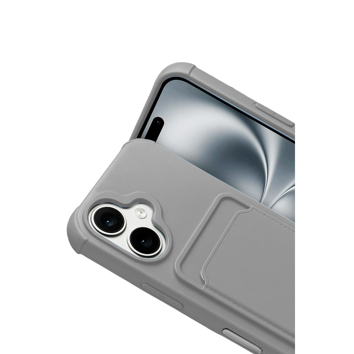 Kamera lensli ve kart yuvalı gri telefon kılıfı beyaz arka plan üzerinde.