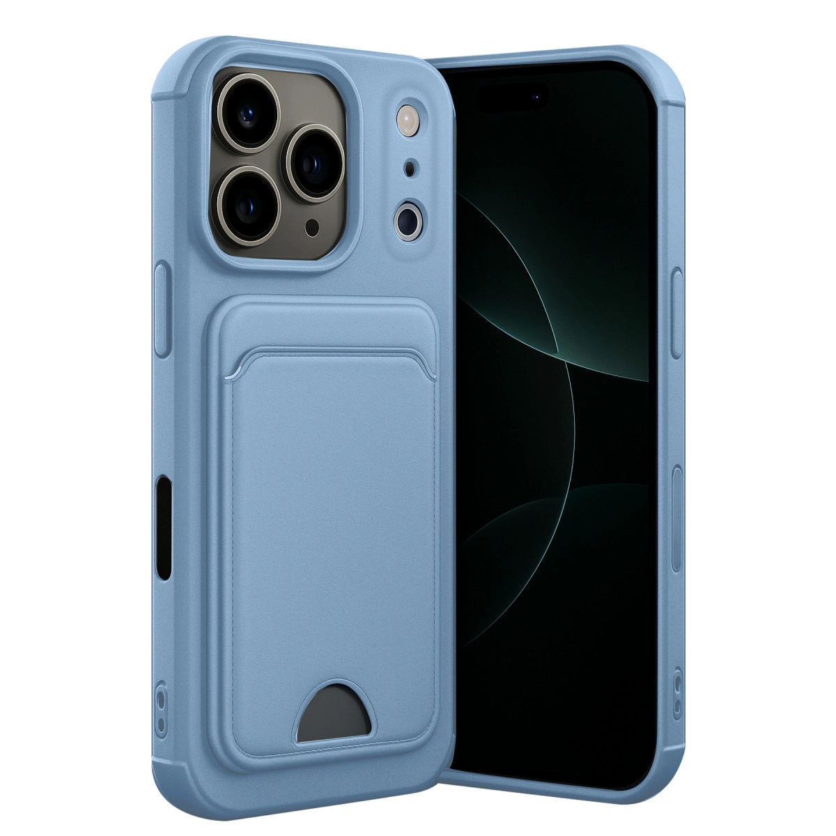 Üç kameralı, kartlıklı açık mavi telefon kılıfı.