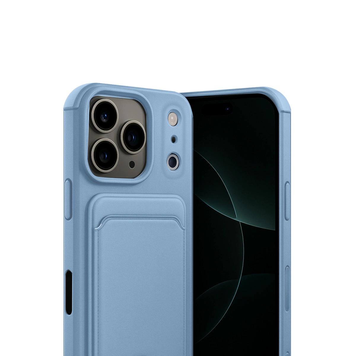 Arkada kart tutucusu ve üç kamera lensi olan mavi iPhone.