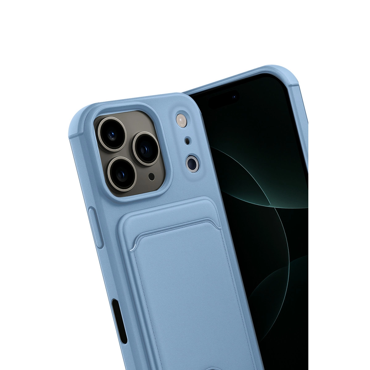 Kart yuvalı ve üç kamera lensli açık mavi telefon kılıfı.