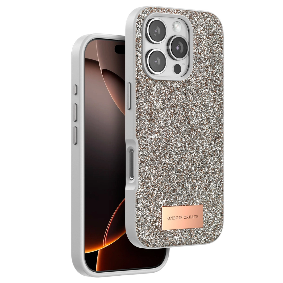 Kameralı ve logolu parlak iPhone kılıfı.