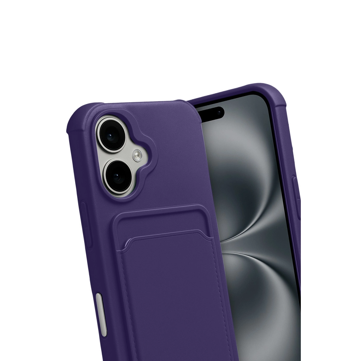 Kart yuvalı ve iki lensli mor telefon kılıfı, yakın çekim.