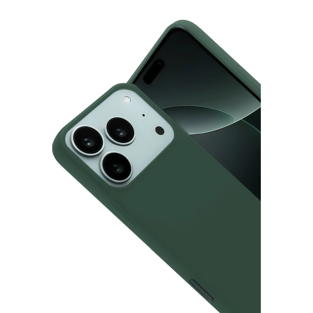Üç kameralı, koyu ekrana sahip koyu yeşil telefon kılıfı.