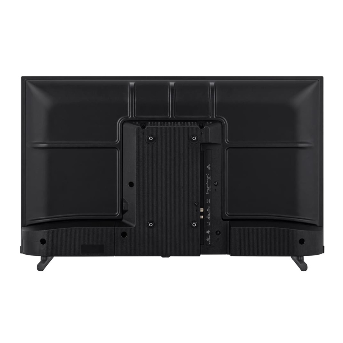 Tył czarnego telewizora z portami i nogami podstawy.