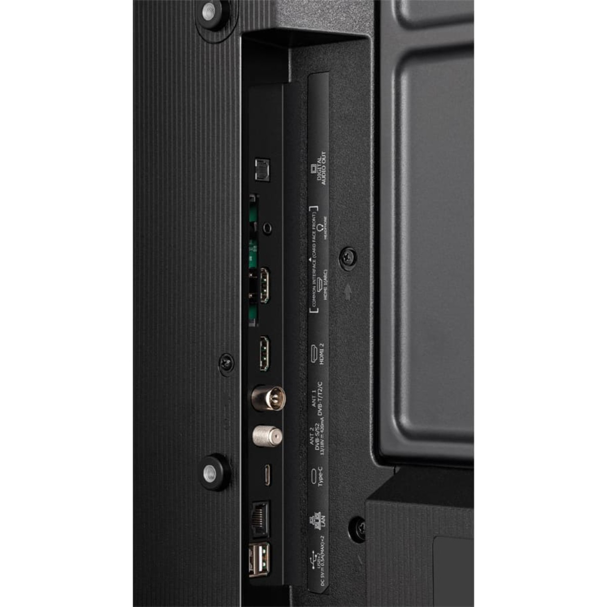 Tył telewizora z portami: HDMI, USB, Antena, LAN, Wyjście audio.