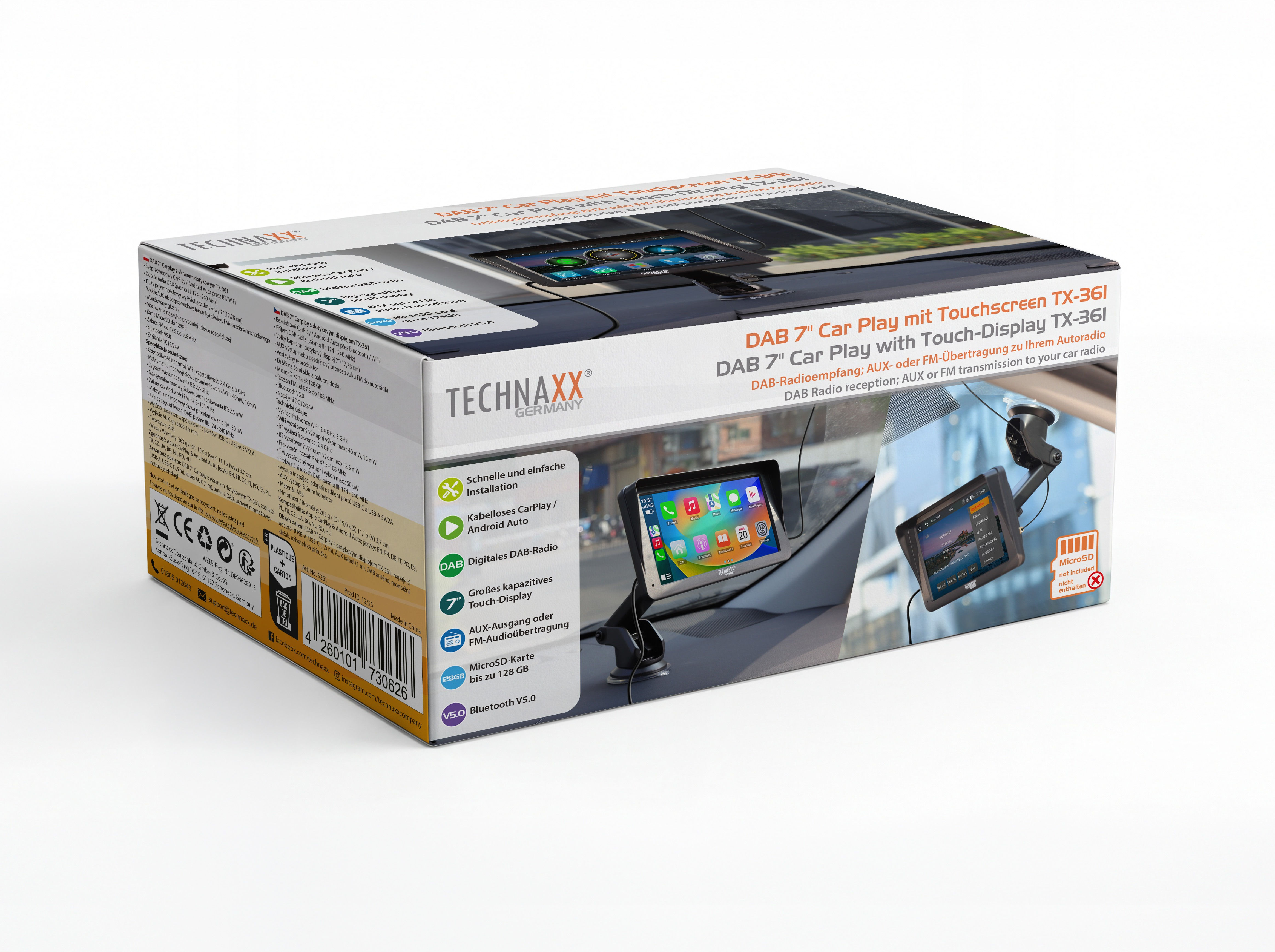 Confezione autoradio DAB 7" touchscreen, mostra il dispositivo in un'auto.