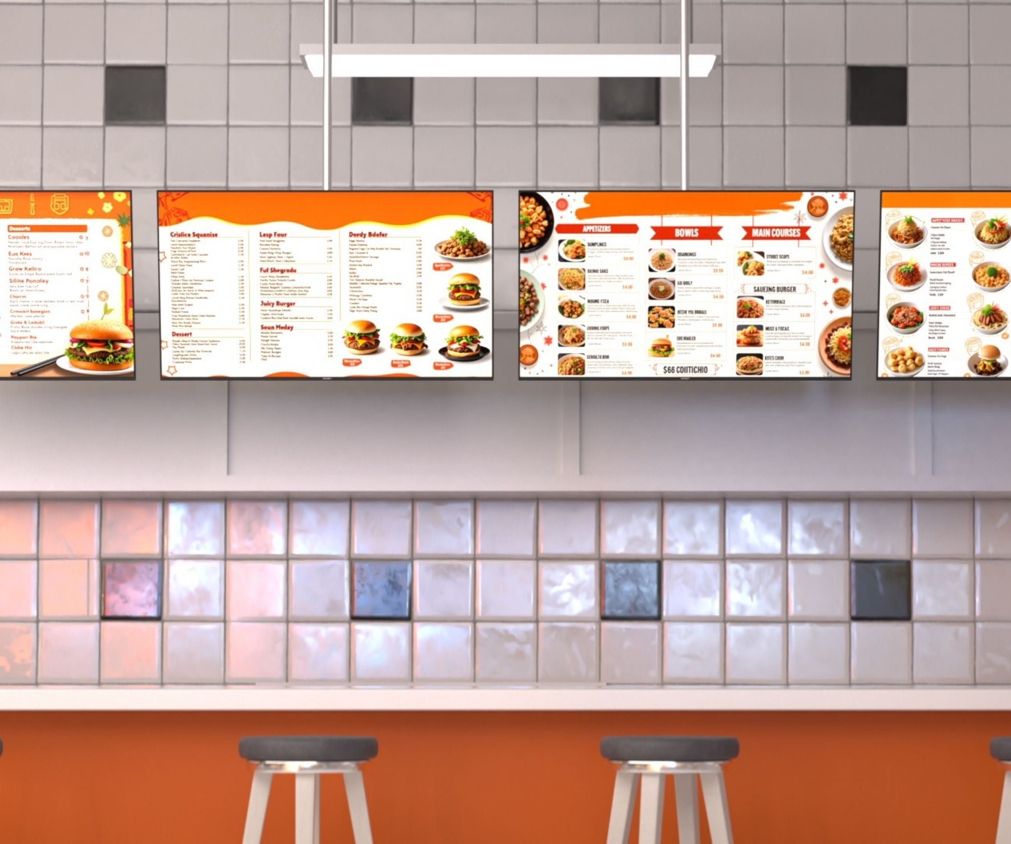 Menús digitales que muestran hamburguesas, platos de fideos y aperitivos en un restaurante.