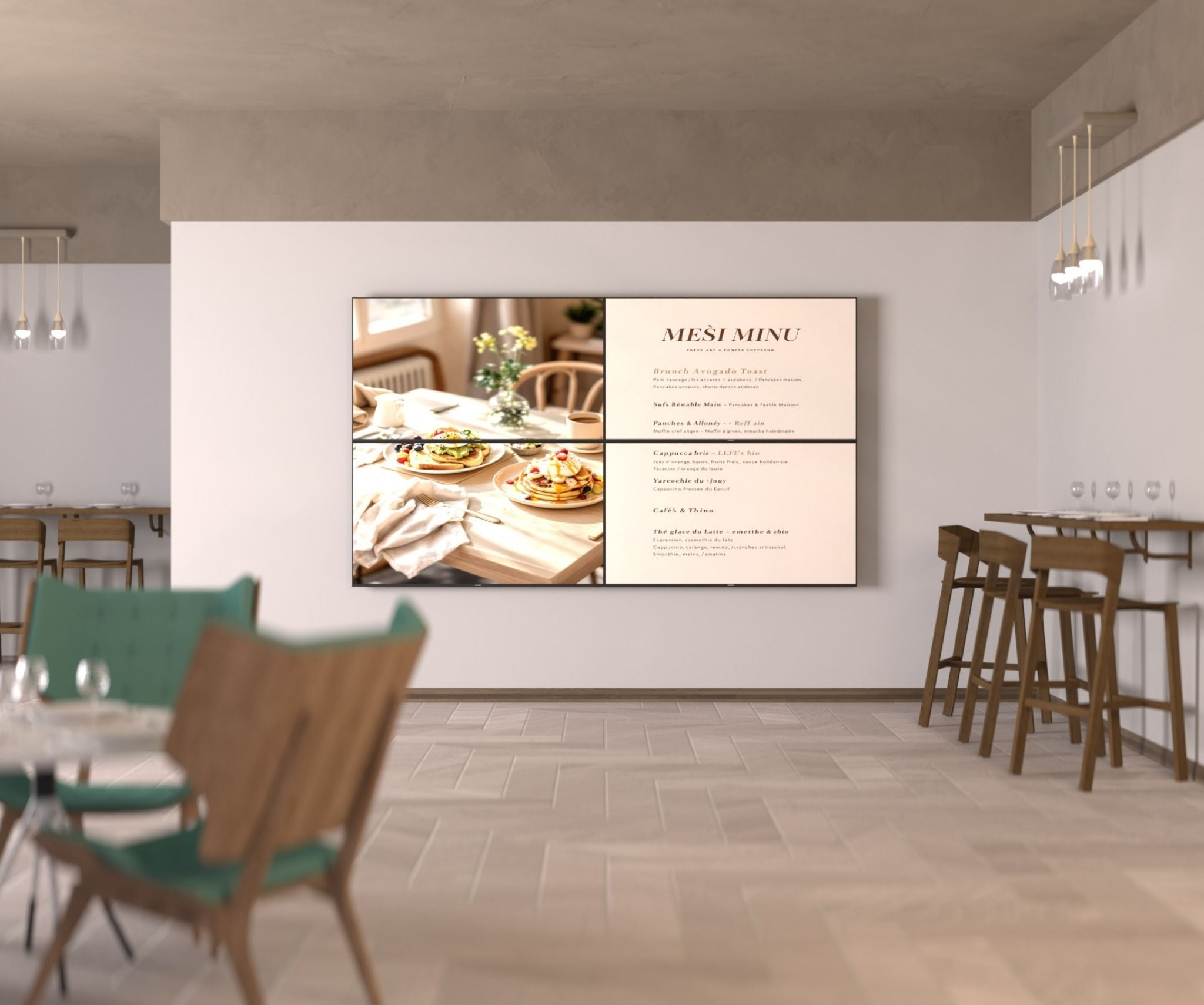 Una pantalla digital muestra un menú con artículos de brunch y café, con imágenes de comida.