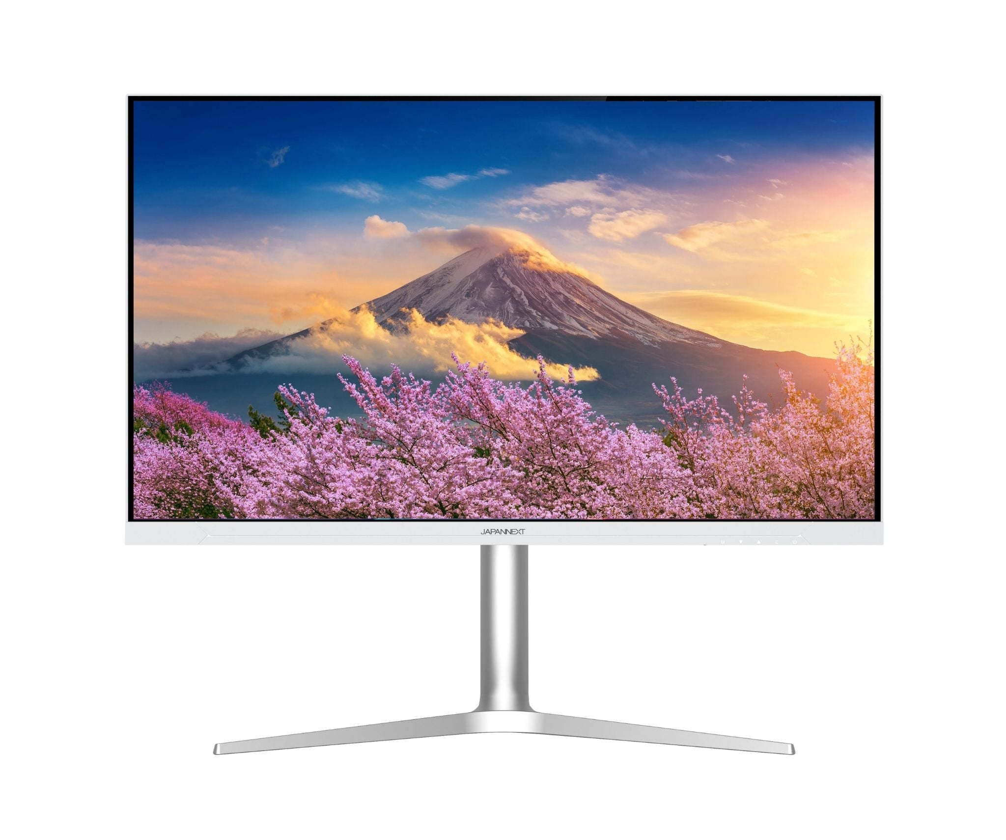 Ein Monitor zeigt den Berg Fuji mit Kirschblüten im Vordergrund und einem dramatischen Himmel.