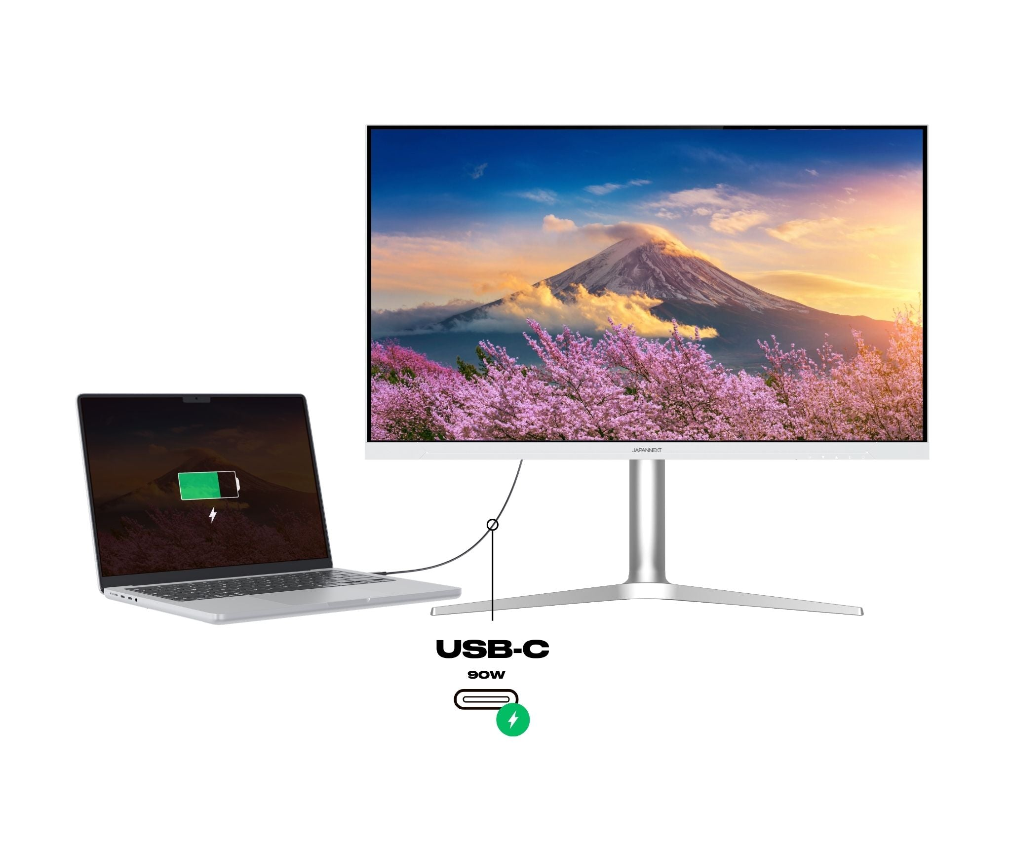 Ein Laptop ist über USB-C mit einem Monitor verbunden, der einen Berg zeigt.
