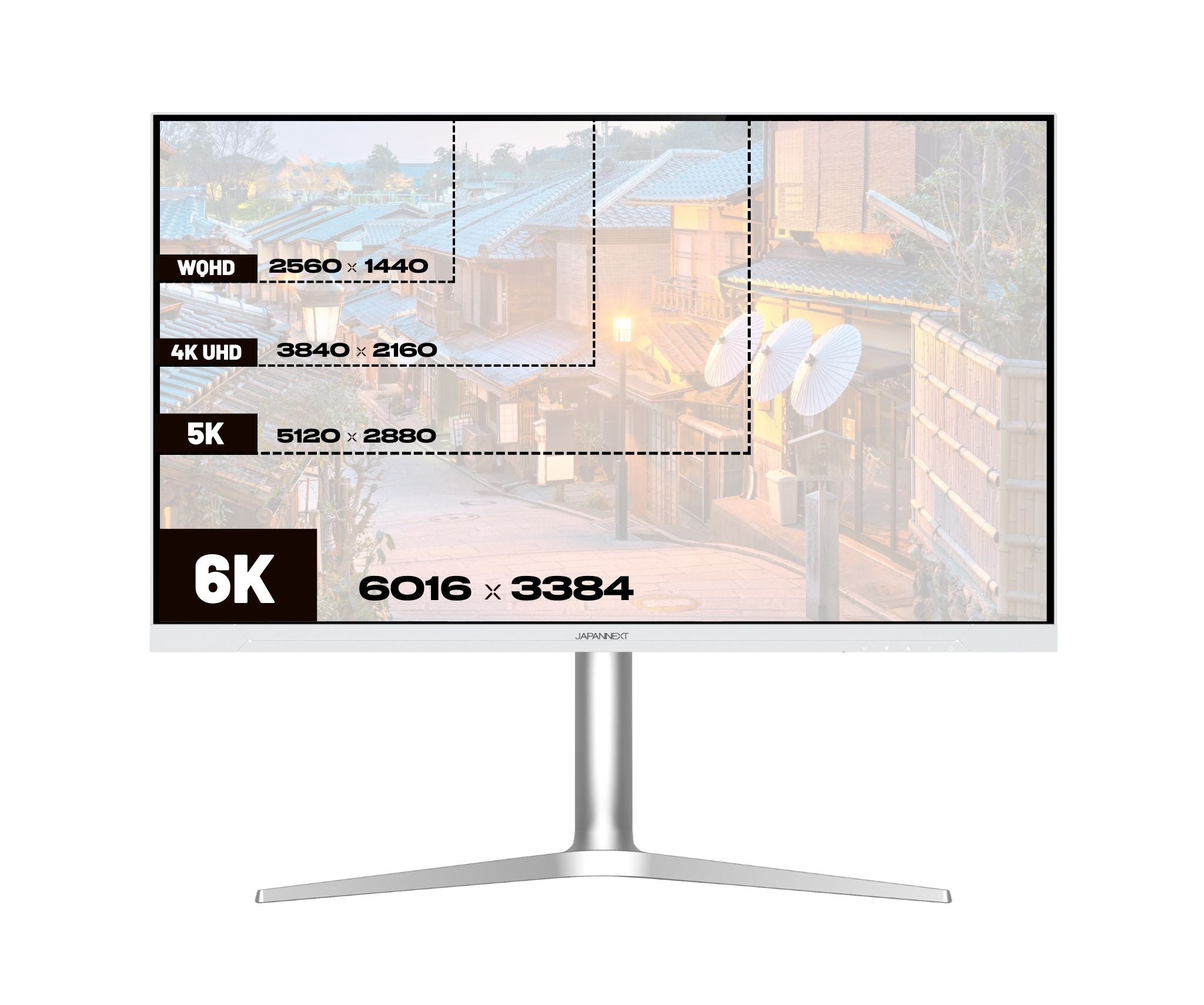 Ein Monitor zeigt eine japanische Straßenszene mit Auflösungsangaben.