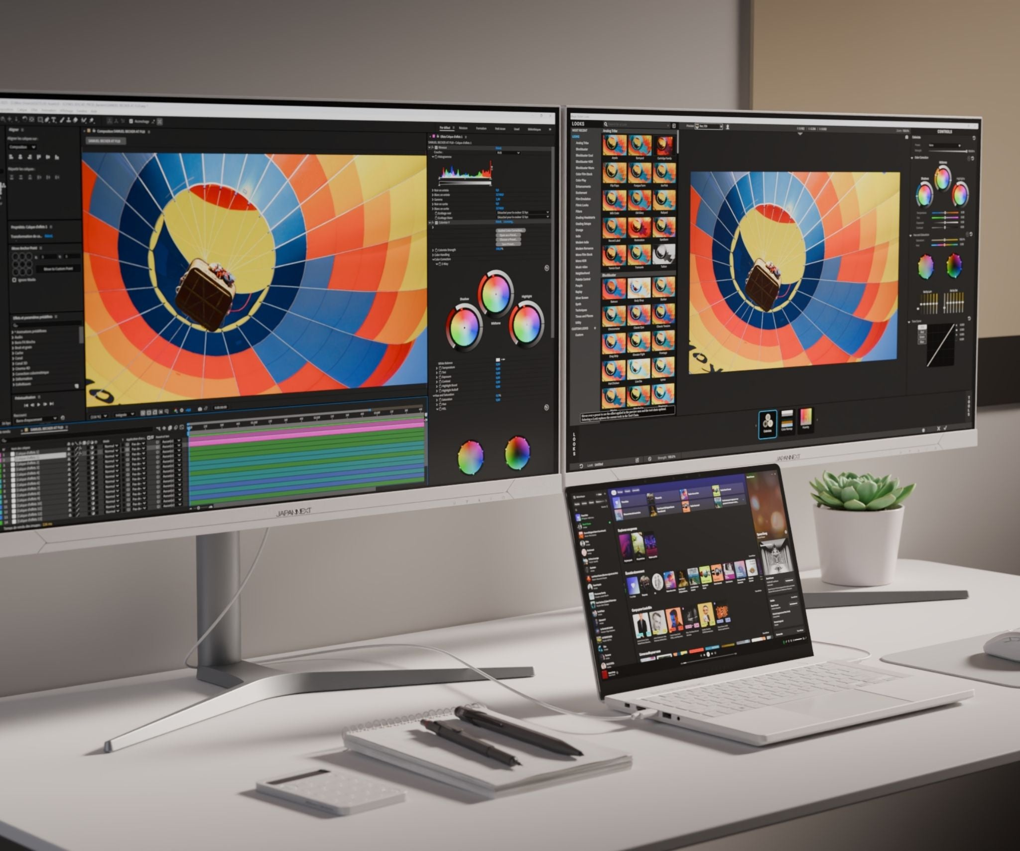 Zwei Monitore und ein Laptop zeigen Videobearbeitungssoftware mit einem Heißluftballon.
