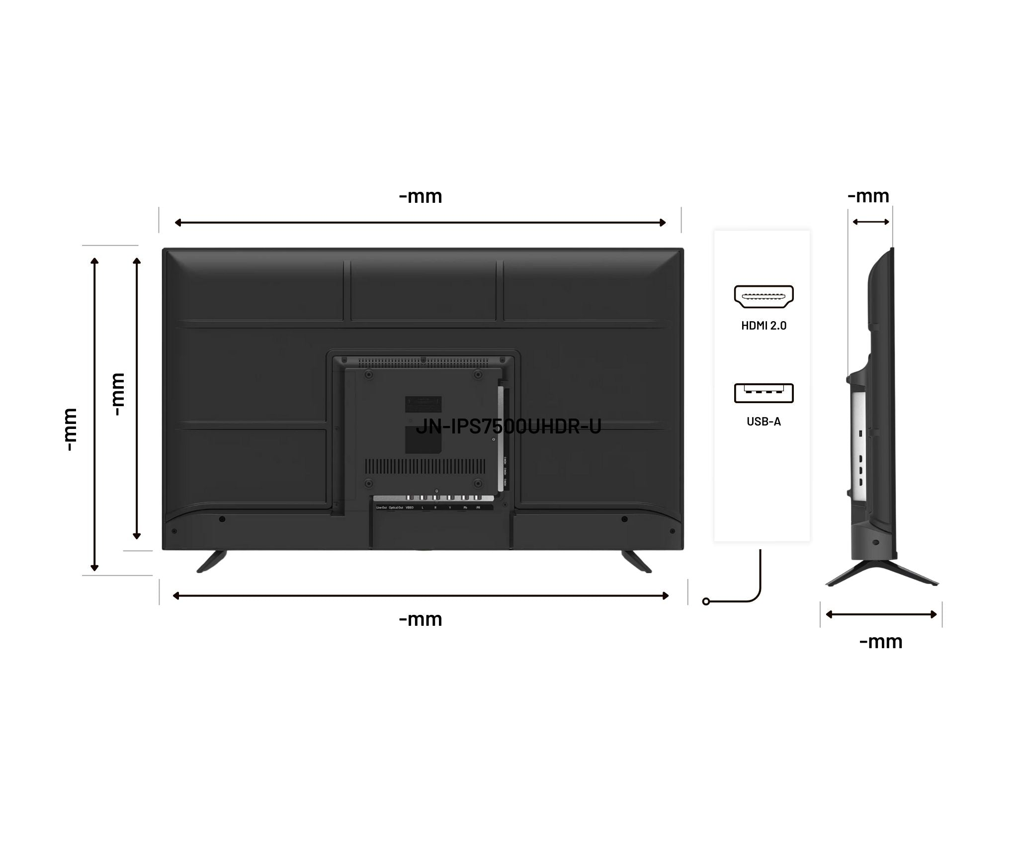 Vista trasera de un televisor negro mostrando puertos y dimensiones.