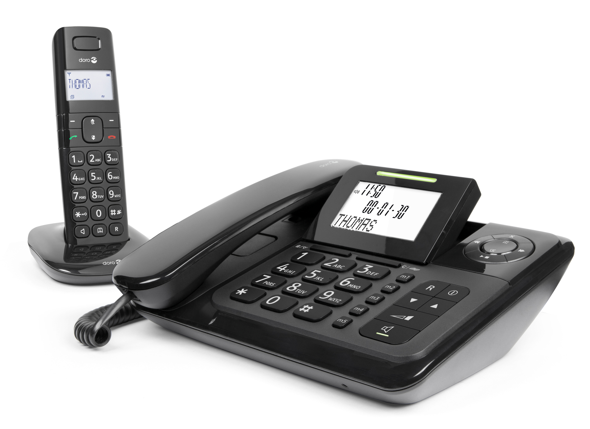 Un telefono cordless Doro nero e la sua base sono uno accanto all'altro.