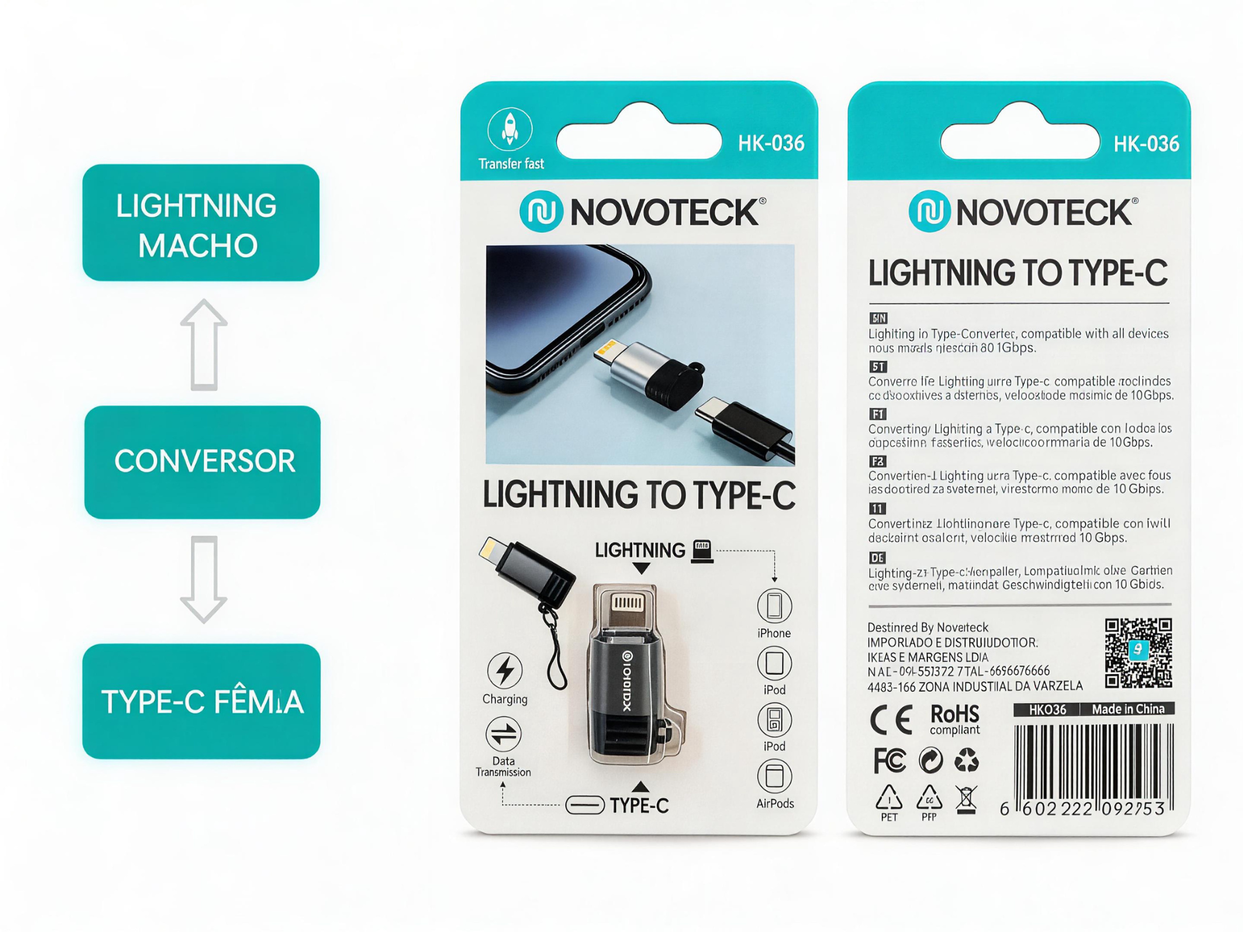 Adaptador Novoteck Lightning a Tipo-C. Soporta carga y transferencia de datos.