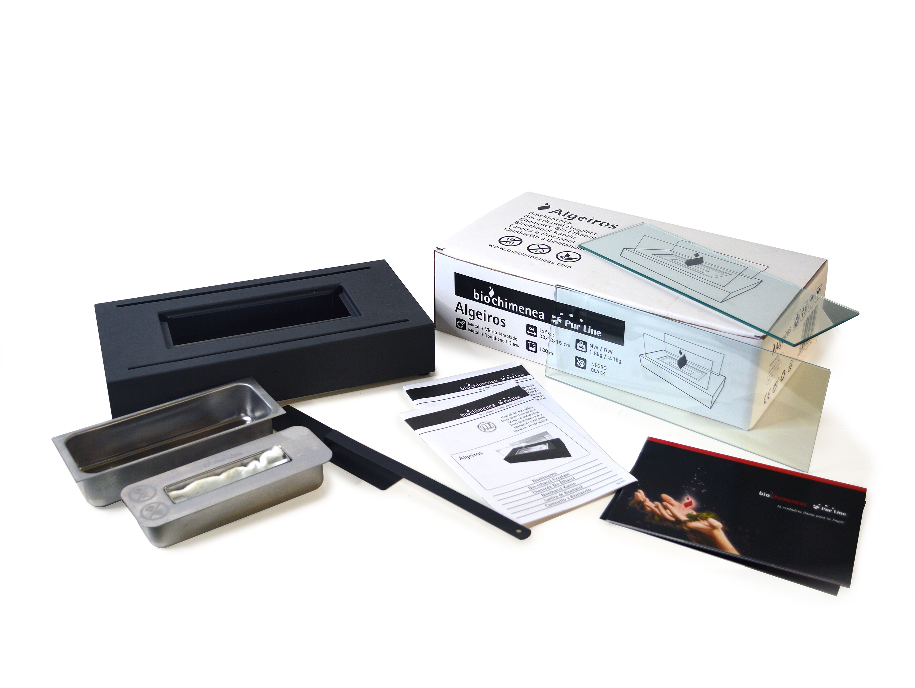 Set de chimenea de bioetanol con carcasa negra, contenedores metálicos, instrucciones y caja.