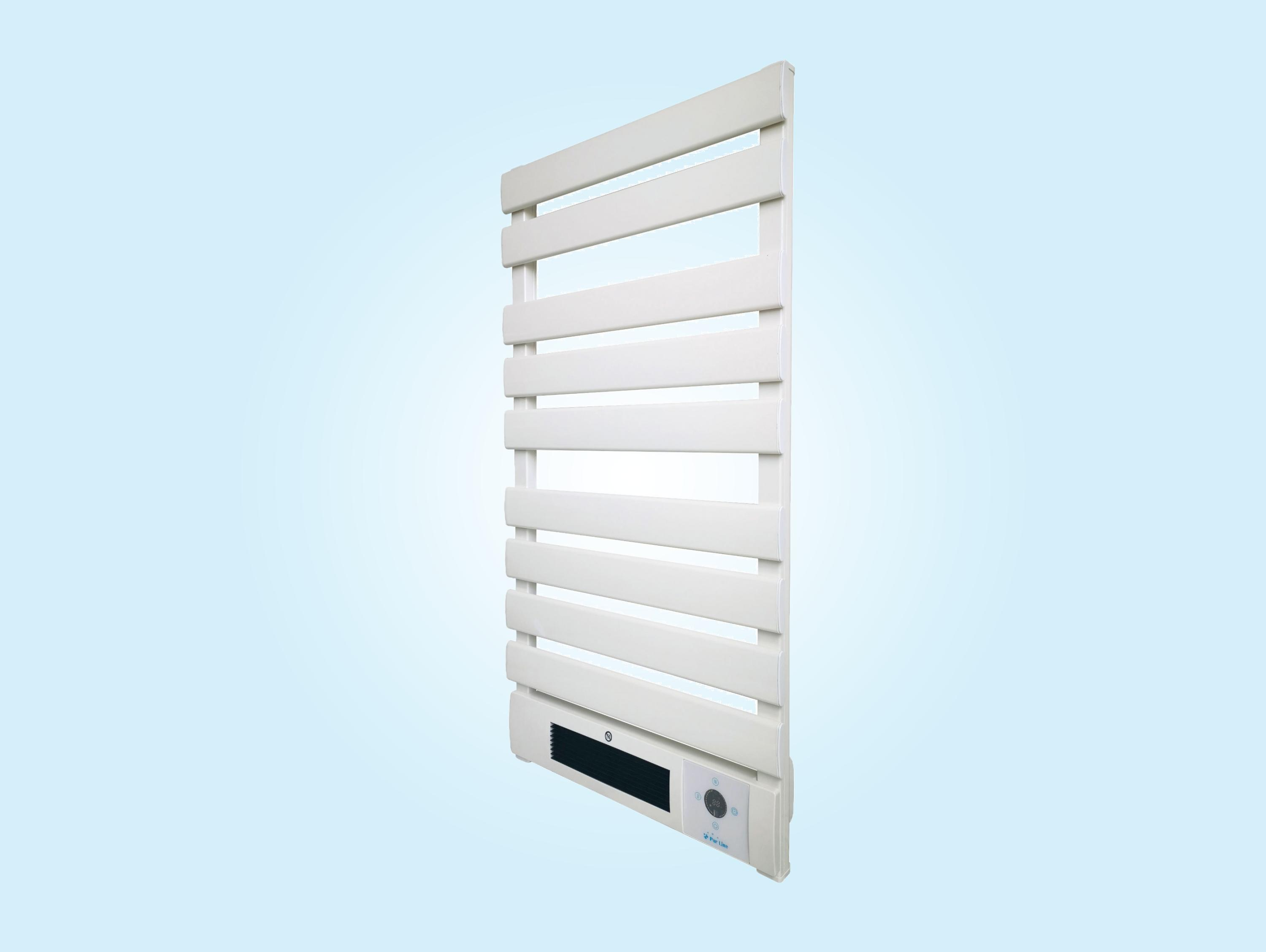 Un toallero blanco con varias barras y un panel de control abajo.
