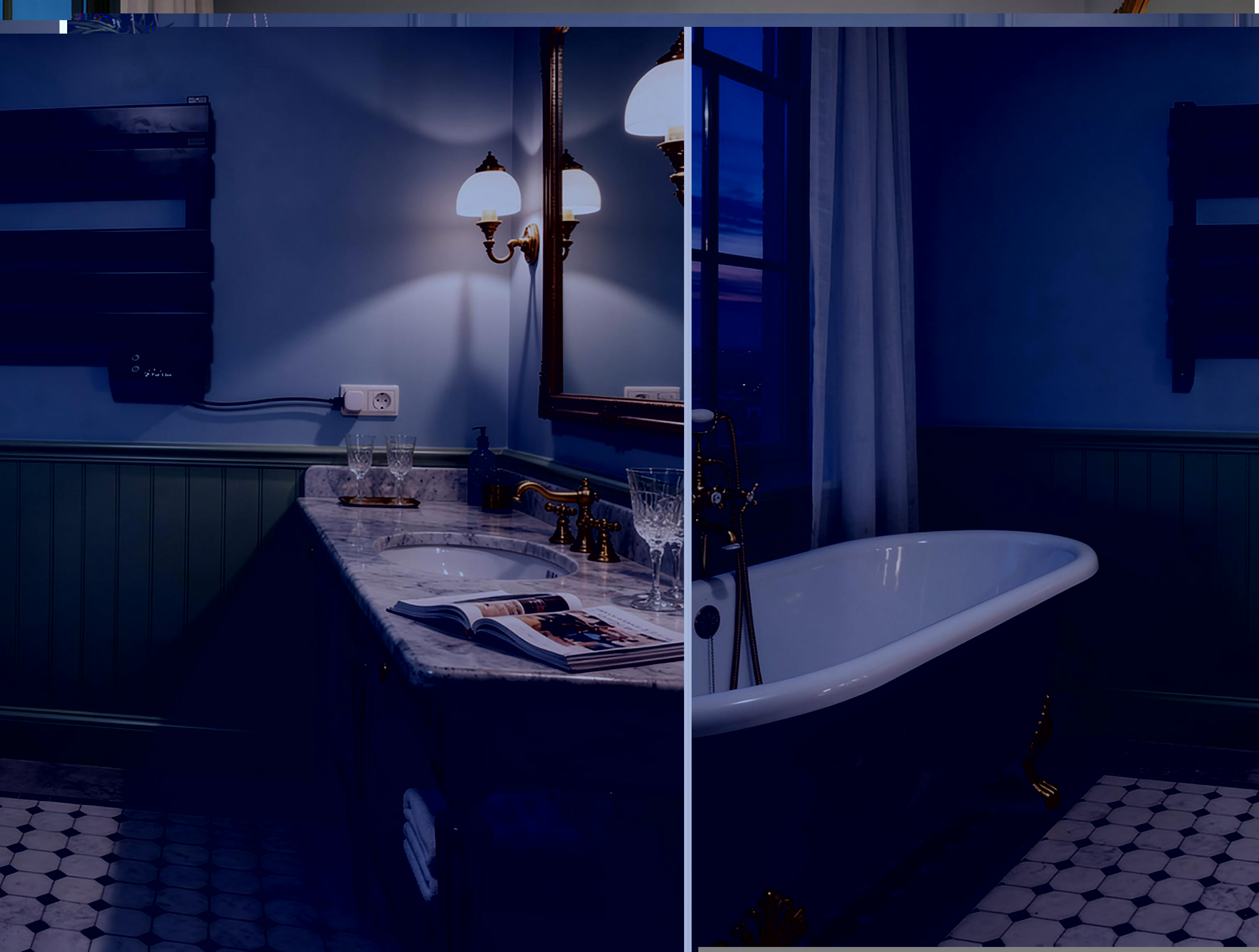 Baño con bañera, lavabo, espejo e iluminación por la noche.