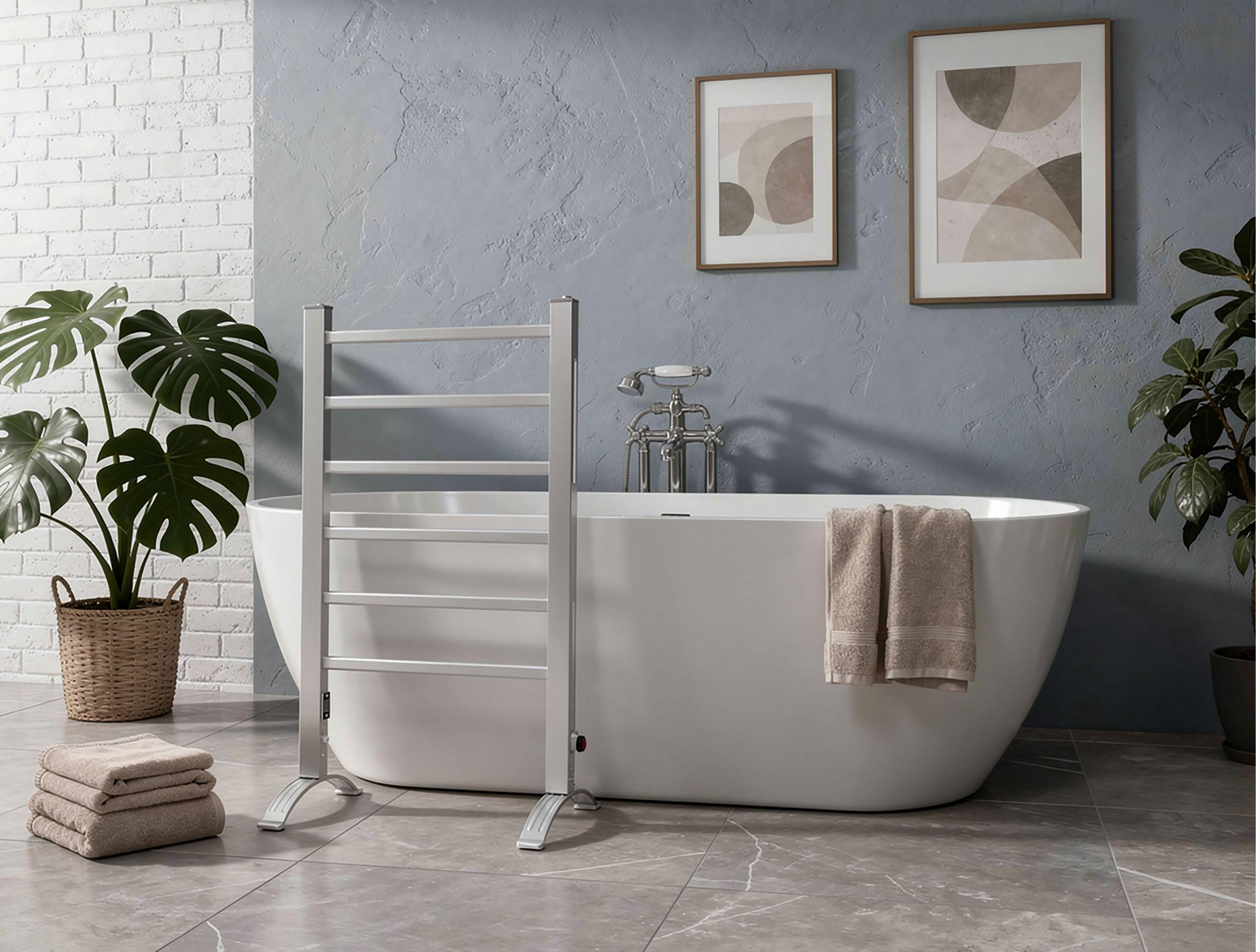 Un baño moderno con bañera exenta, toallero eléctrico y plantas.