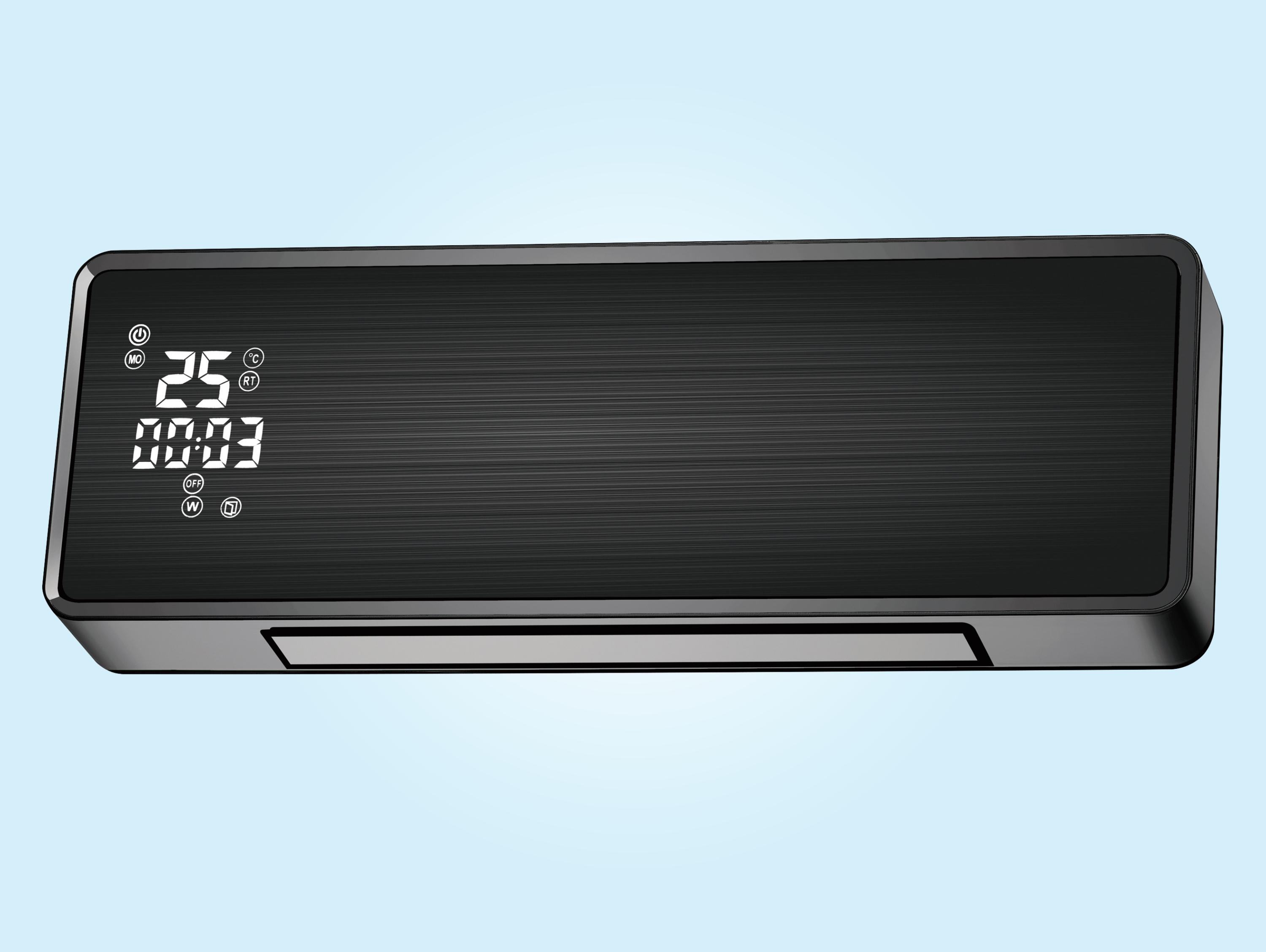 Ein schwarzer Heizlüfter mit digitaler Anzeige von 25 Grad und einer Zeit von 00:03.