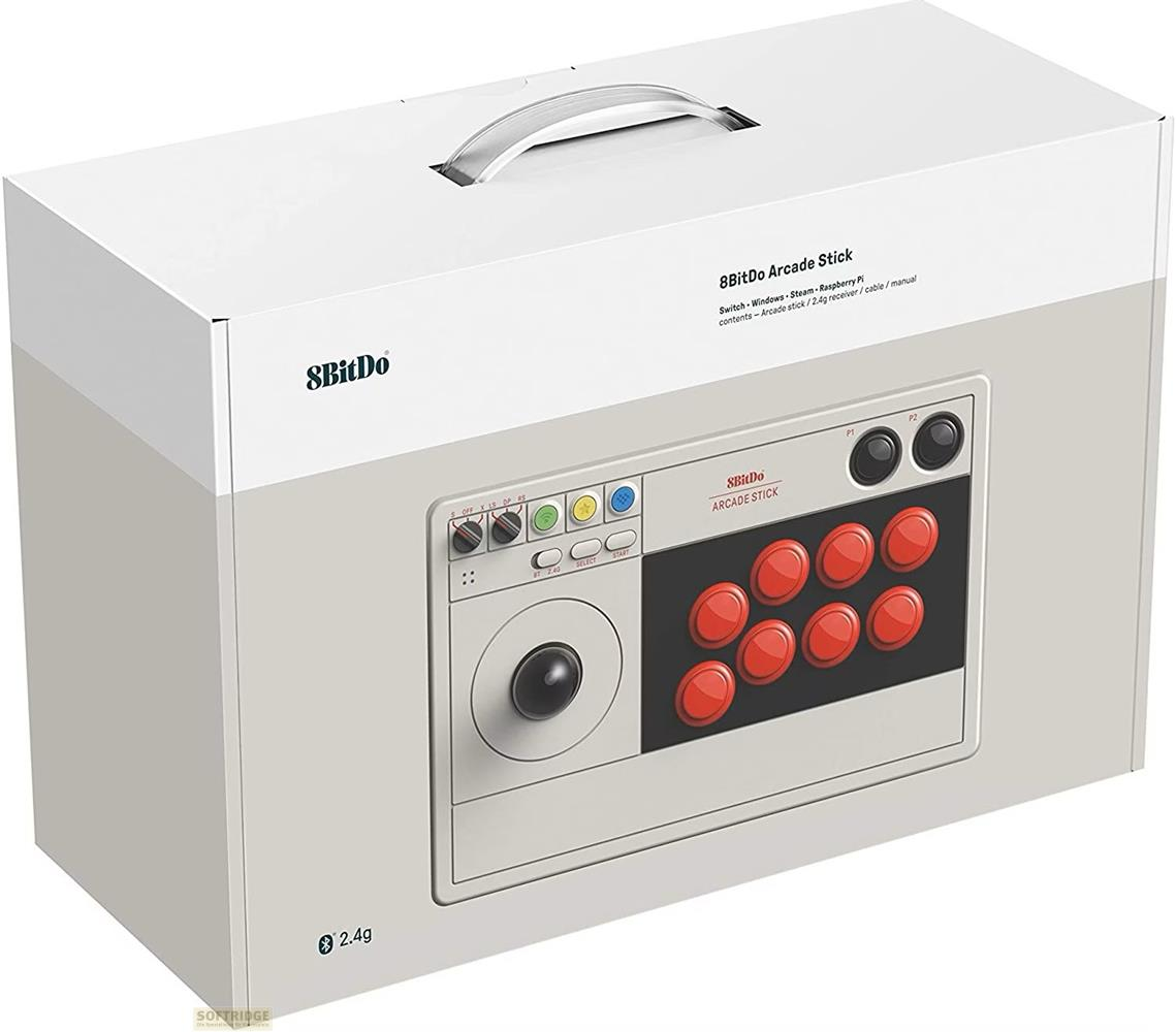 Scatola 8BitDo Arcade Stick con joystick e pulsanti rossi.