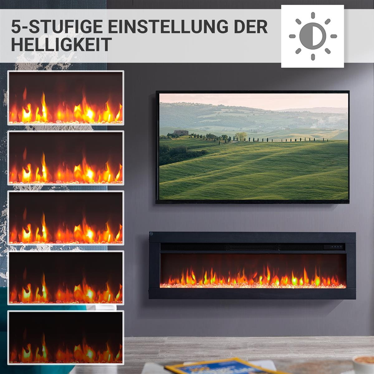 Ein Kamin mit Flammen und eine Landschaft auf dem Bildschirm.