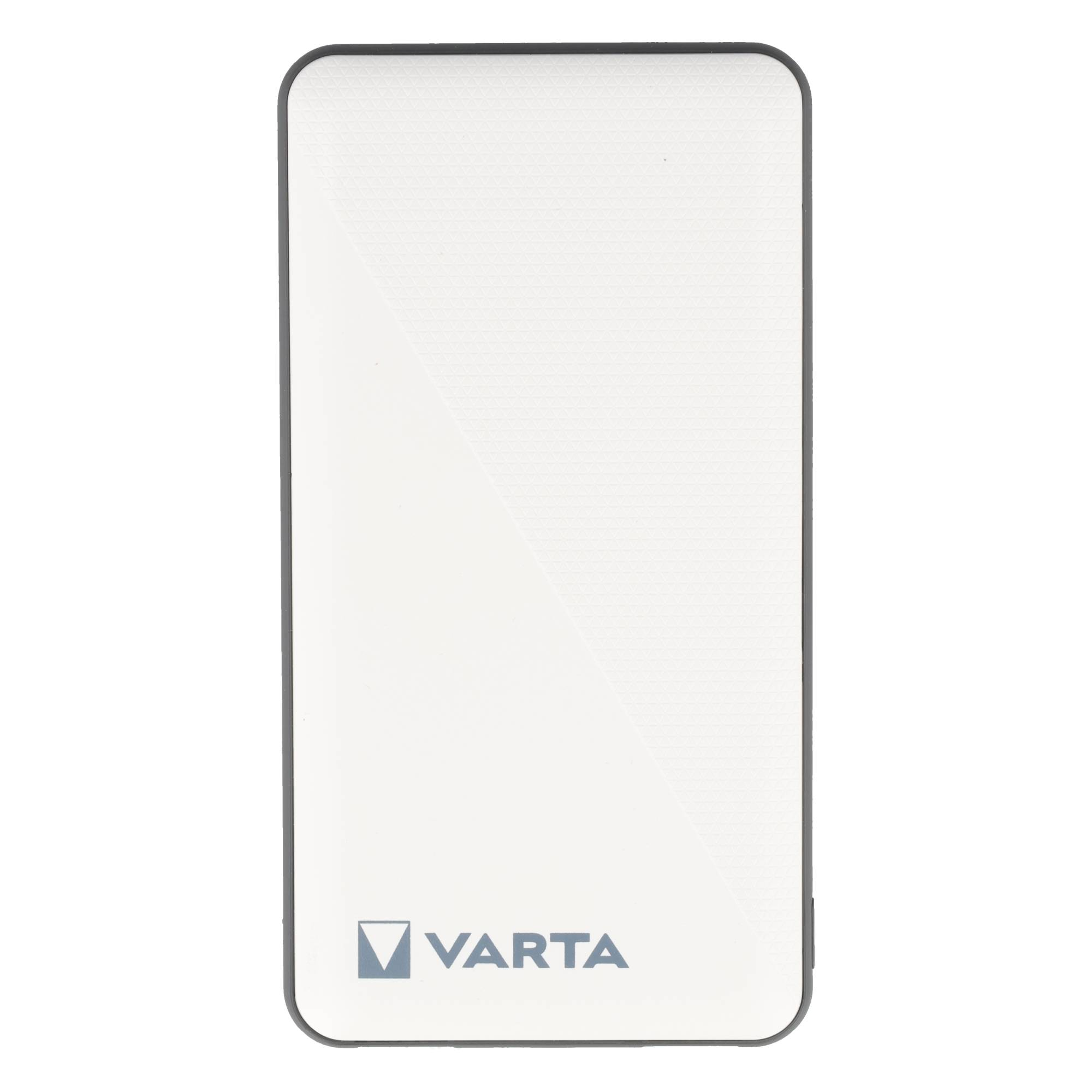 Ein weißes Varta Powerbank-Gerät mit grauen Akzenten und einem Logo.