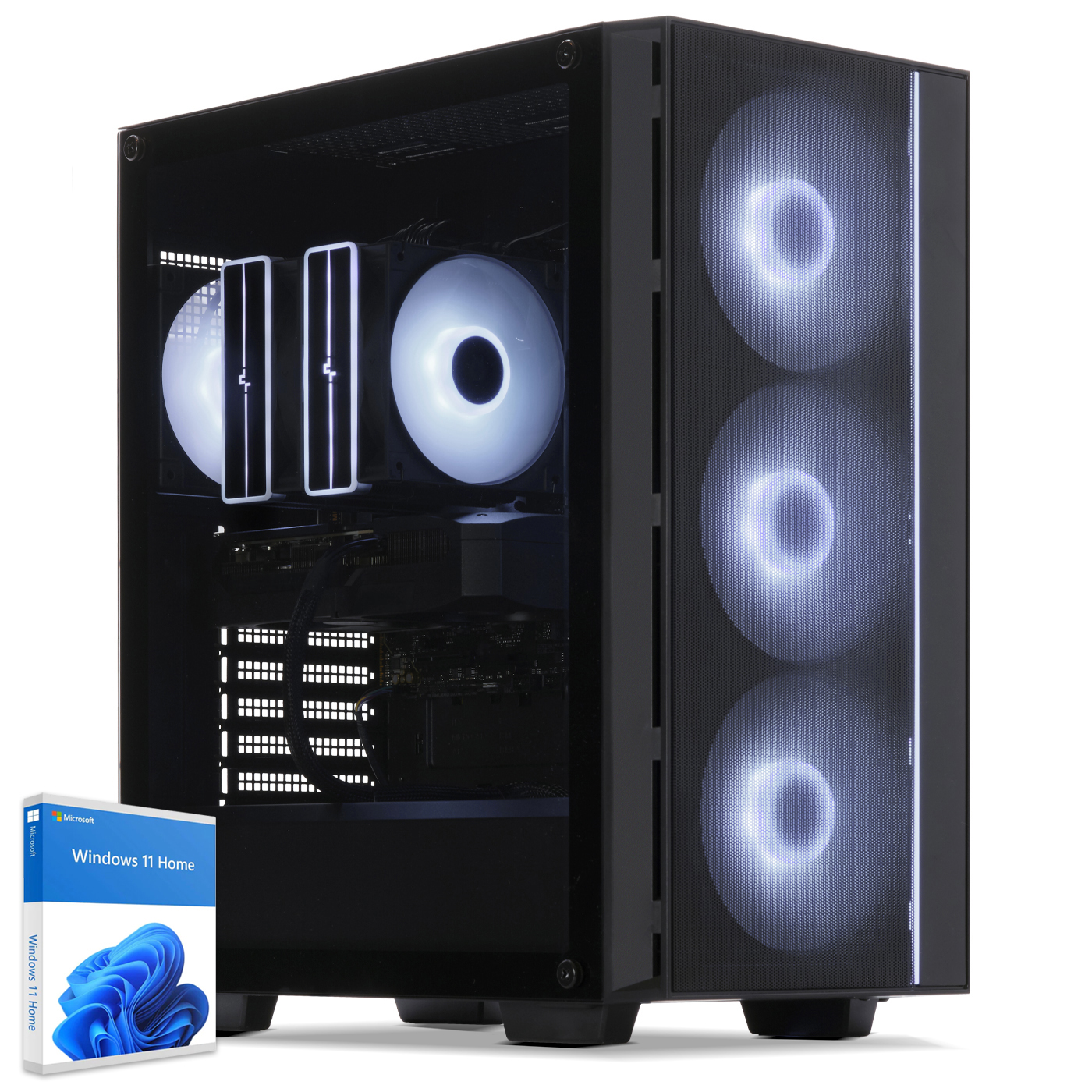 Case PC nero con tre ventole anteriori illuminate e due interne.