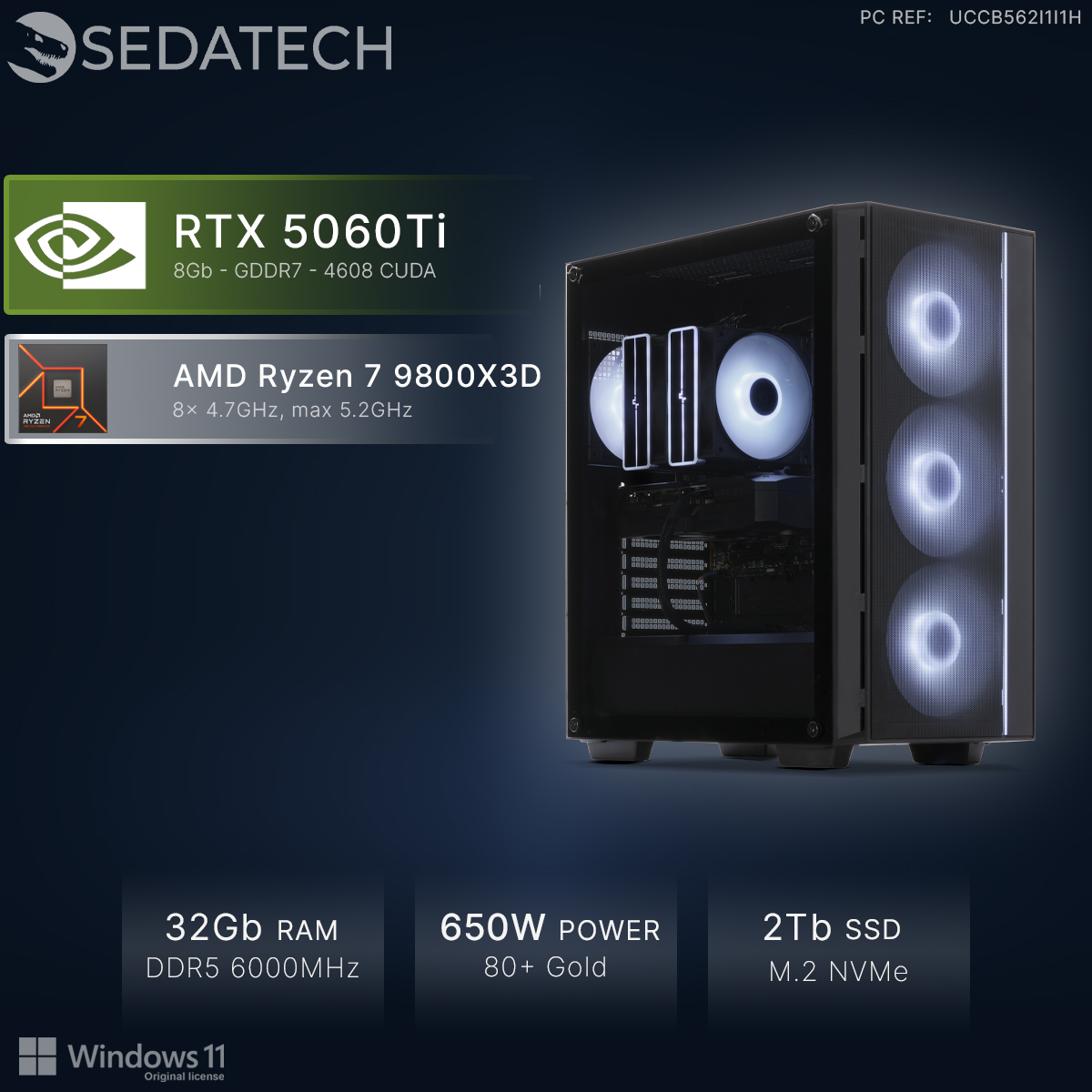 Een gaming PC met RTX 5060Ti, Ryzen 7, 32GB RAM, 650W voeding en 2TB SSD.