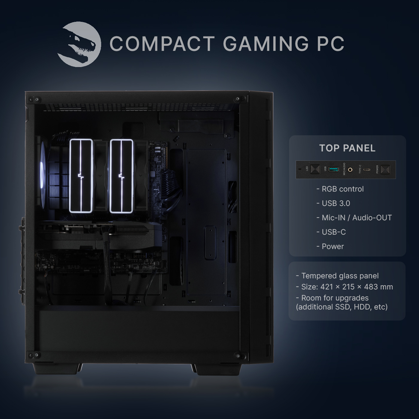 Un case per PC da gaming compatto e aperto mostra componenti interni e porte.