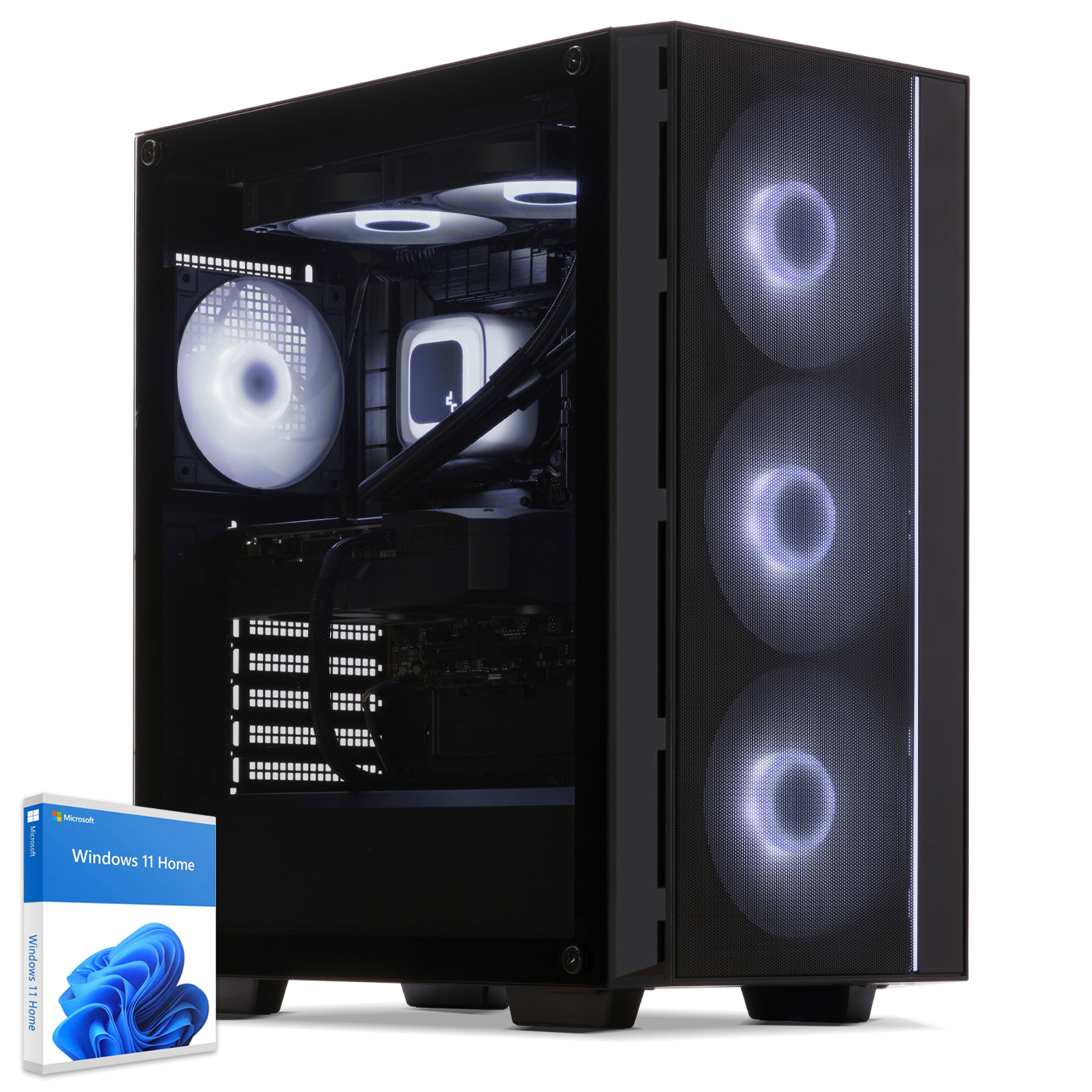 Ein schwarzer Computerturm mit beleuchteten Lüftern und einer Windows 11 Home Box.