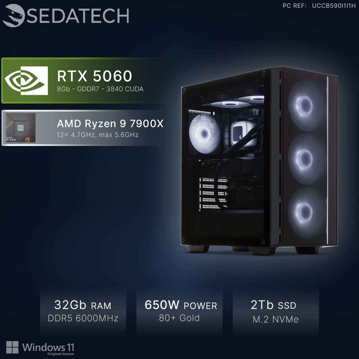 Gaming PC met RTX 5060, Ryzen 9, 32GB RAM, 650W voeding en 2TB SSD.