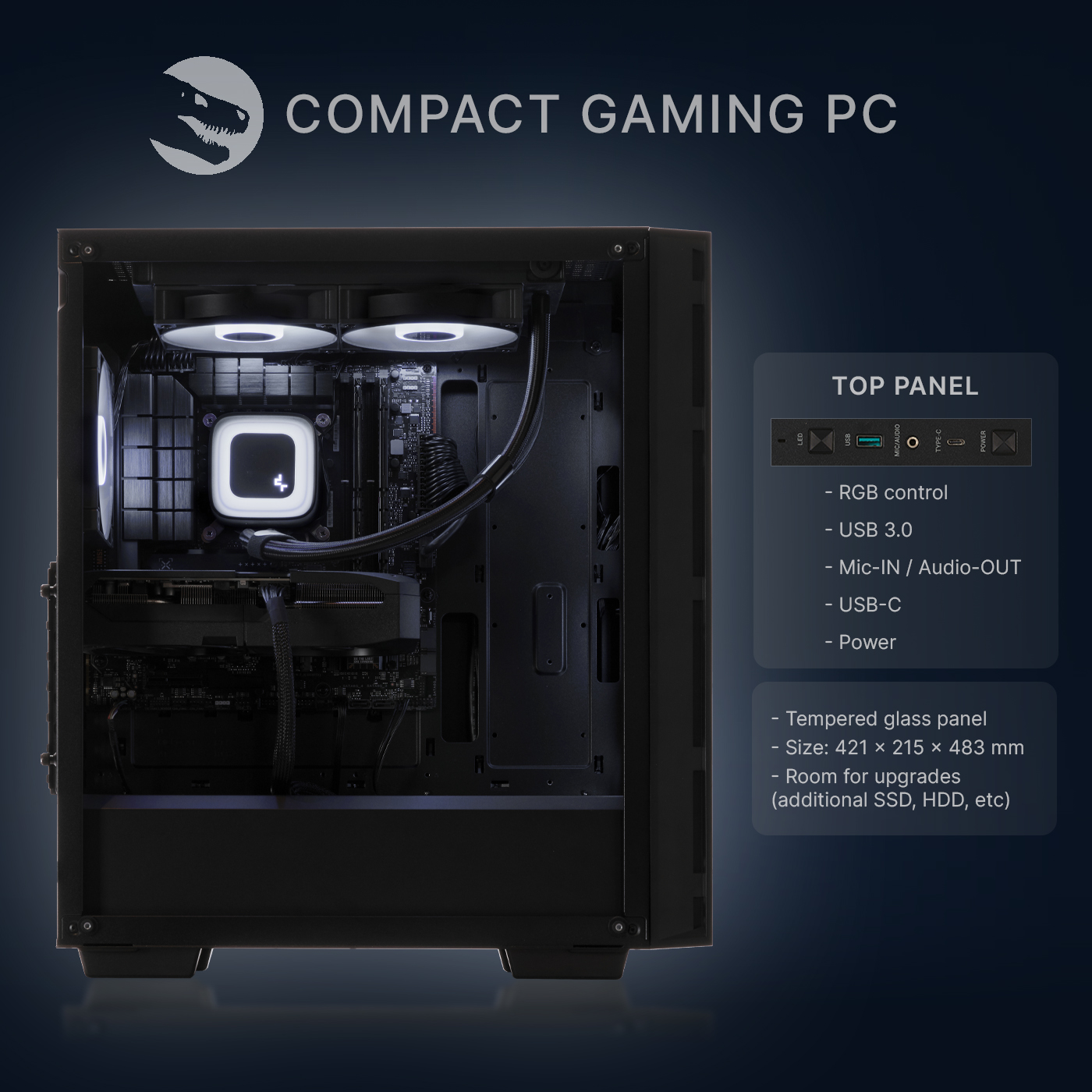 Ein kompakter Gaming-PC mit RGB-Lüftern, einer Wasserkühlung und einer Grafikkarte.