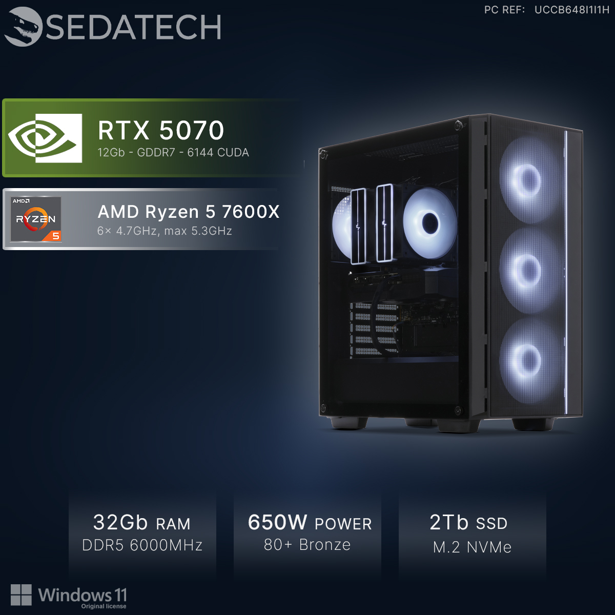 Un PC con RTX 5070, Ryzen 5 7600X, 32GB RAM, PSU 650W, SSD 2TB.