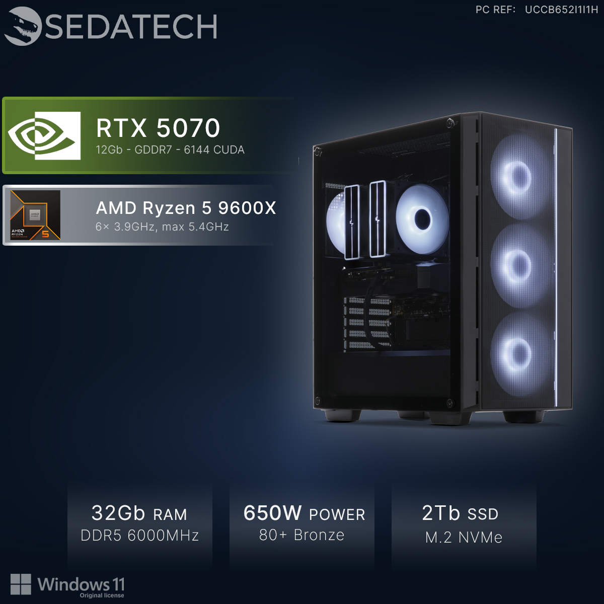 Un PC da gaming con RTX 5070, Ryzen 5 9600X, 32GB RAM, alimentatore 650W e SSD 2TB.