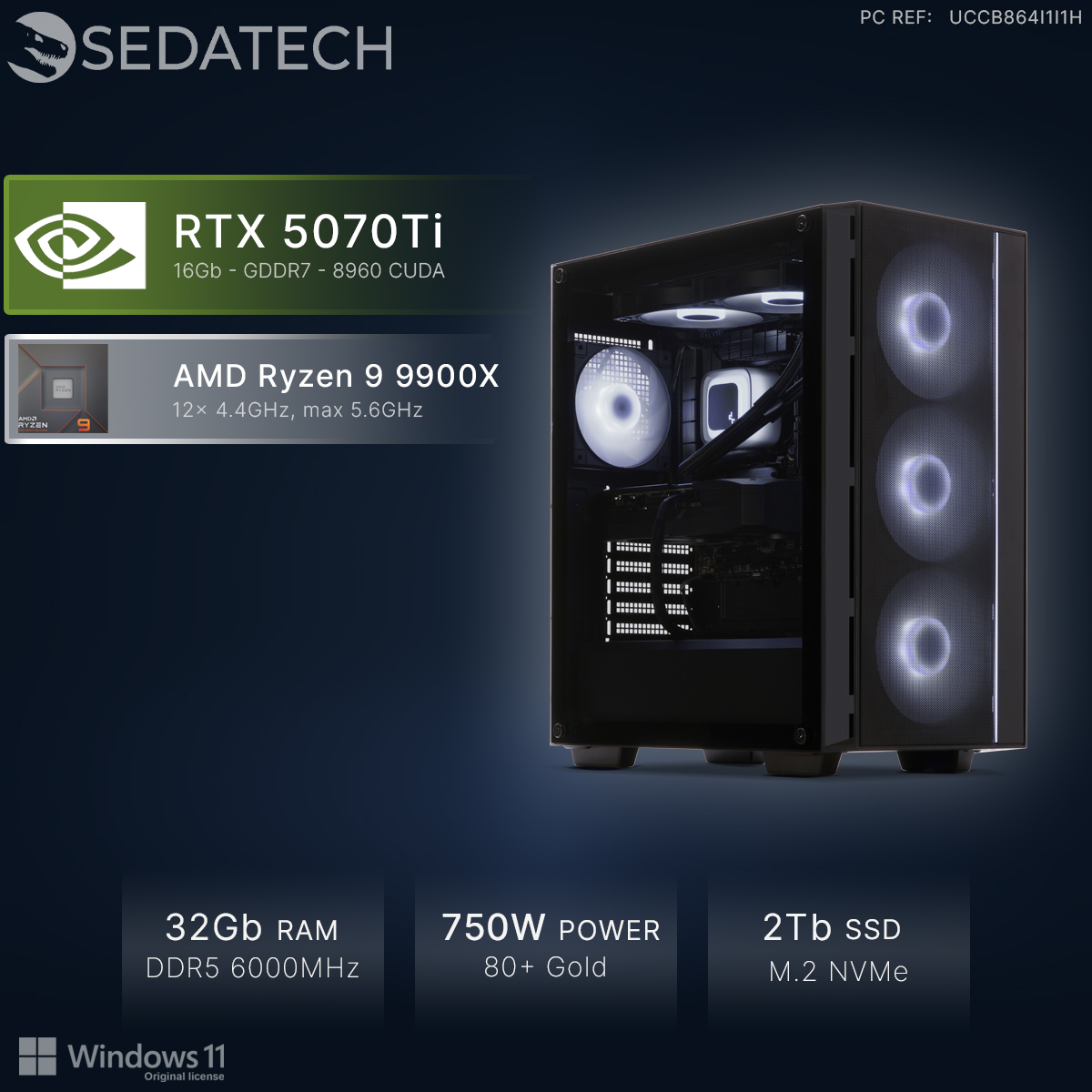 Ein Gaming-PC mit RTX 5070Ti, Ryzen 9 9900X, 32GB RAM, 750W Netzteil.