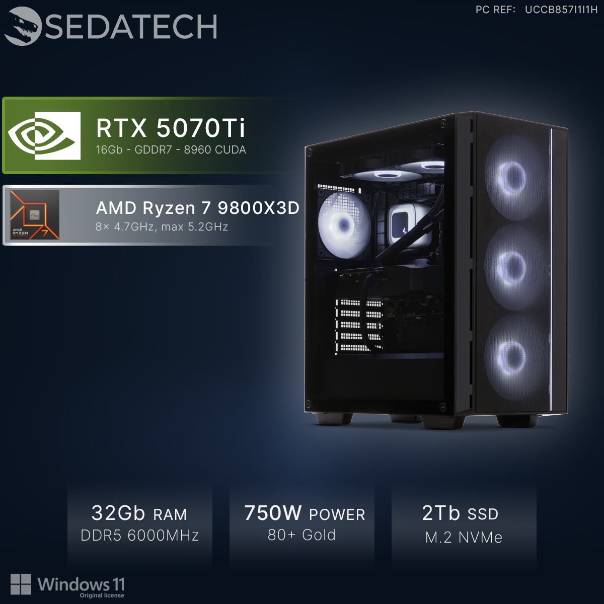 PC con RTX 5070Ti, Ryzen 7 9800X3D, 32GB RAM, PSU 750W e SSD 2TB.