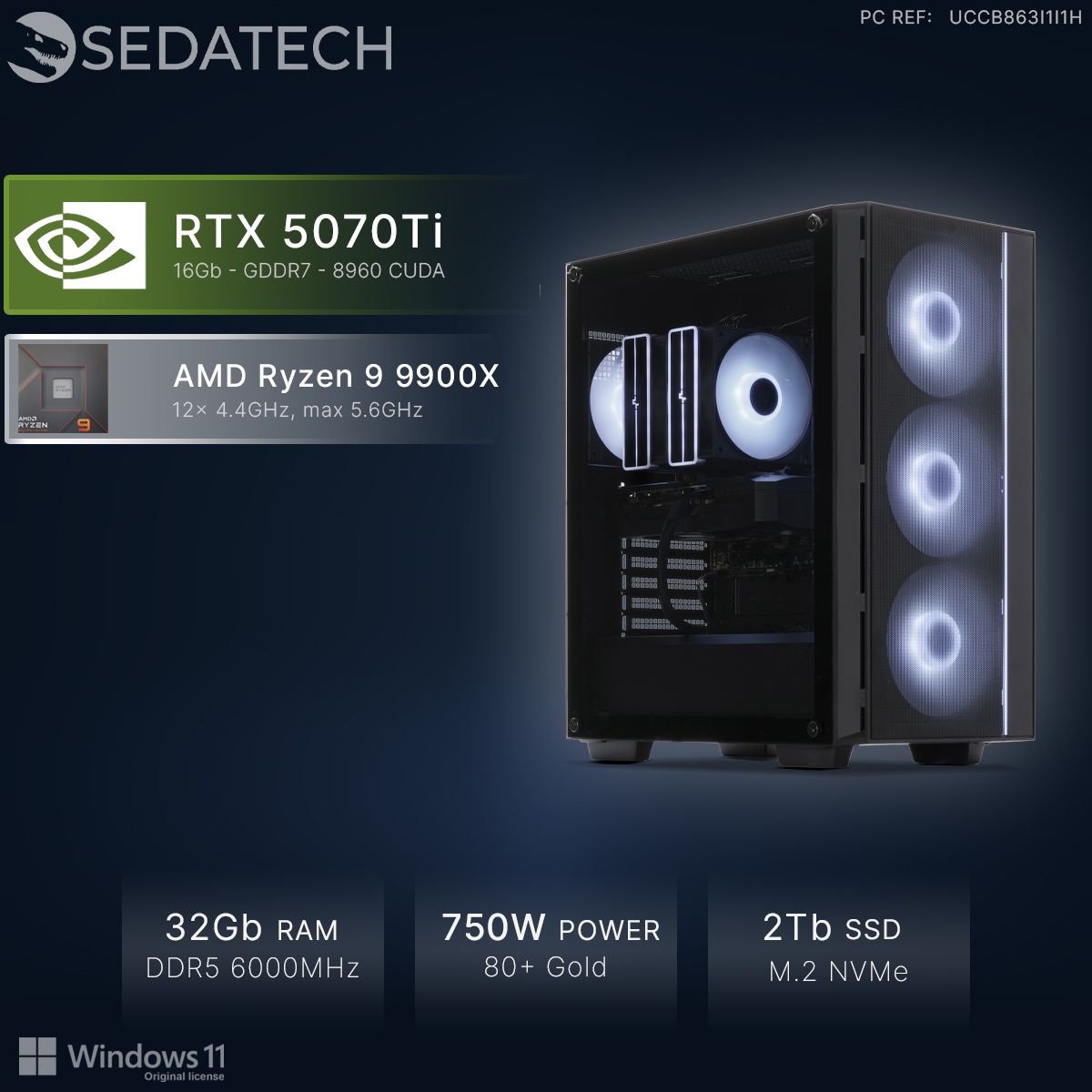 PC avec RTX 5070Ti, Ryzen 9 9900X, 32Go RAM, 750W PSU, 2To SSD.